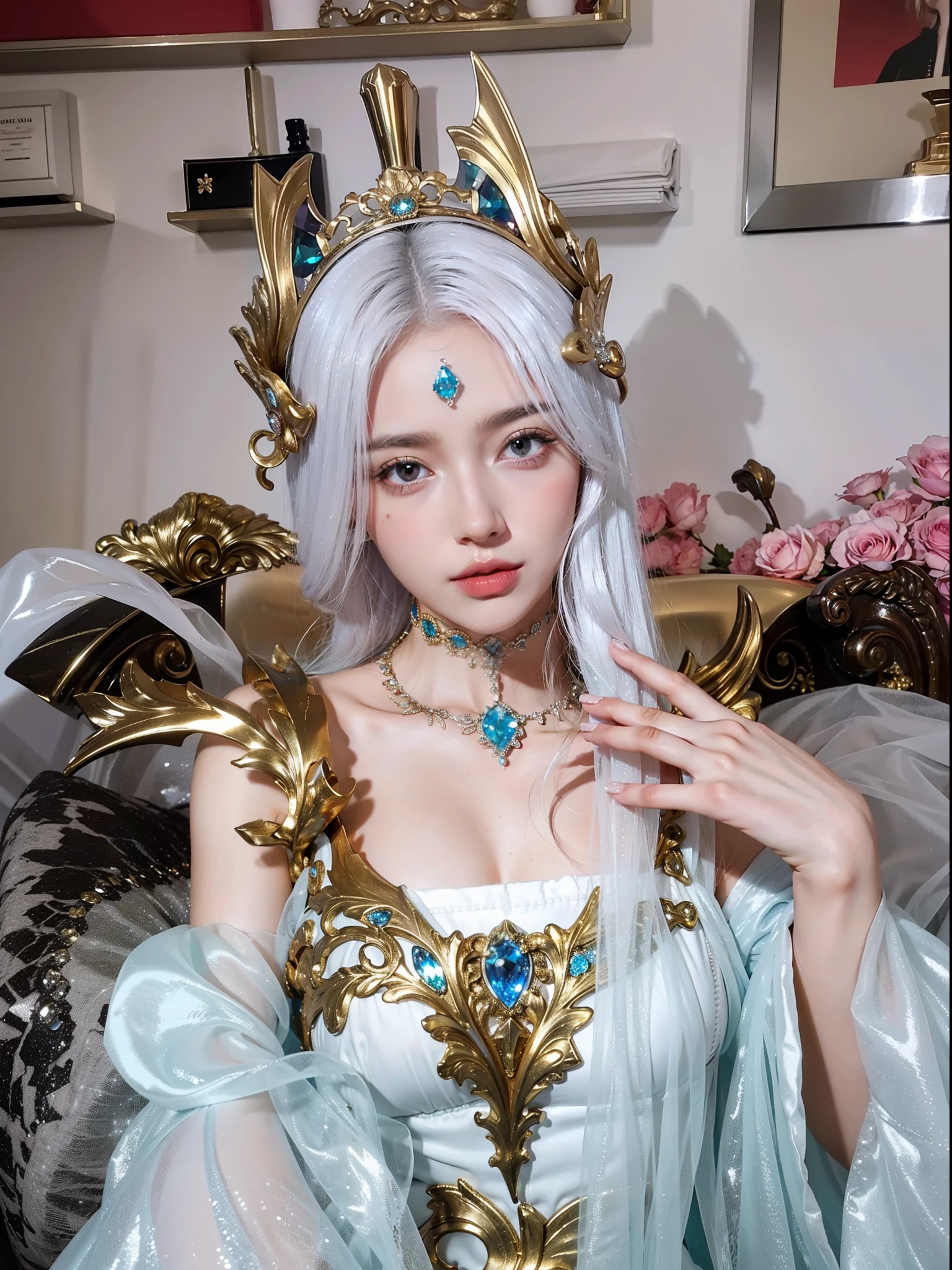 Royal sister，exquisite eyes，Detailed facial expressions body，tall figure，number，Leg length，4K，HD，Translucent lace，Fair and plump figure，pretty face，Little cherry mouth，beautiful and delicious（3D royal sister），exquisite dress，Wear crystal jewelry，Gorgeous crystal gems，Gem and jewelry crown，The colors of the picture are very vibrant，Gorgeous ice and snow princess，normal finger
