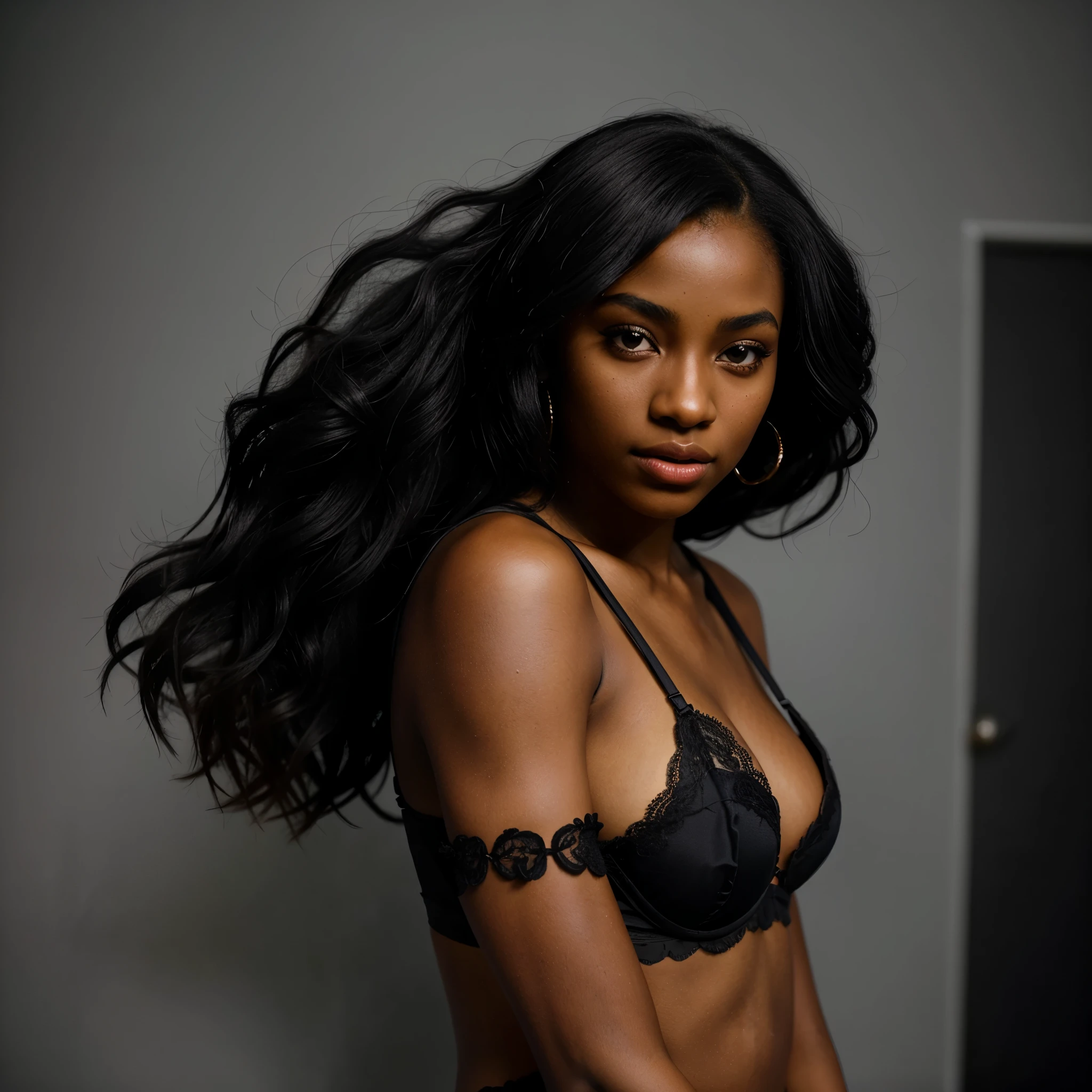 beautiful sexy black girl, black girl, attractive, detailed face, stunning eyes, sensual lips, gorgeous figure, confident posture, alluring gaze, stylish lingerie, vibrant colors, high-resolution, professional photography, soft lighting, feminine beauty ass