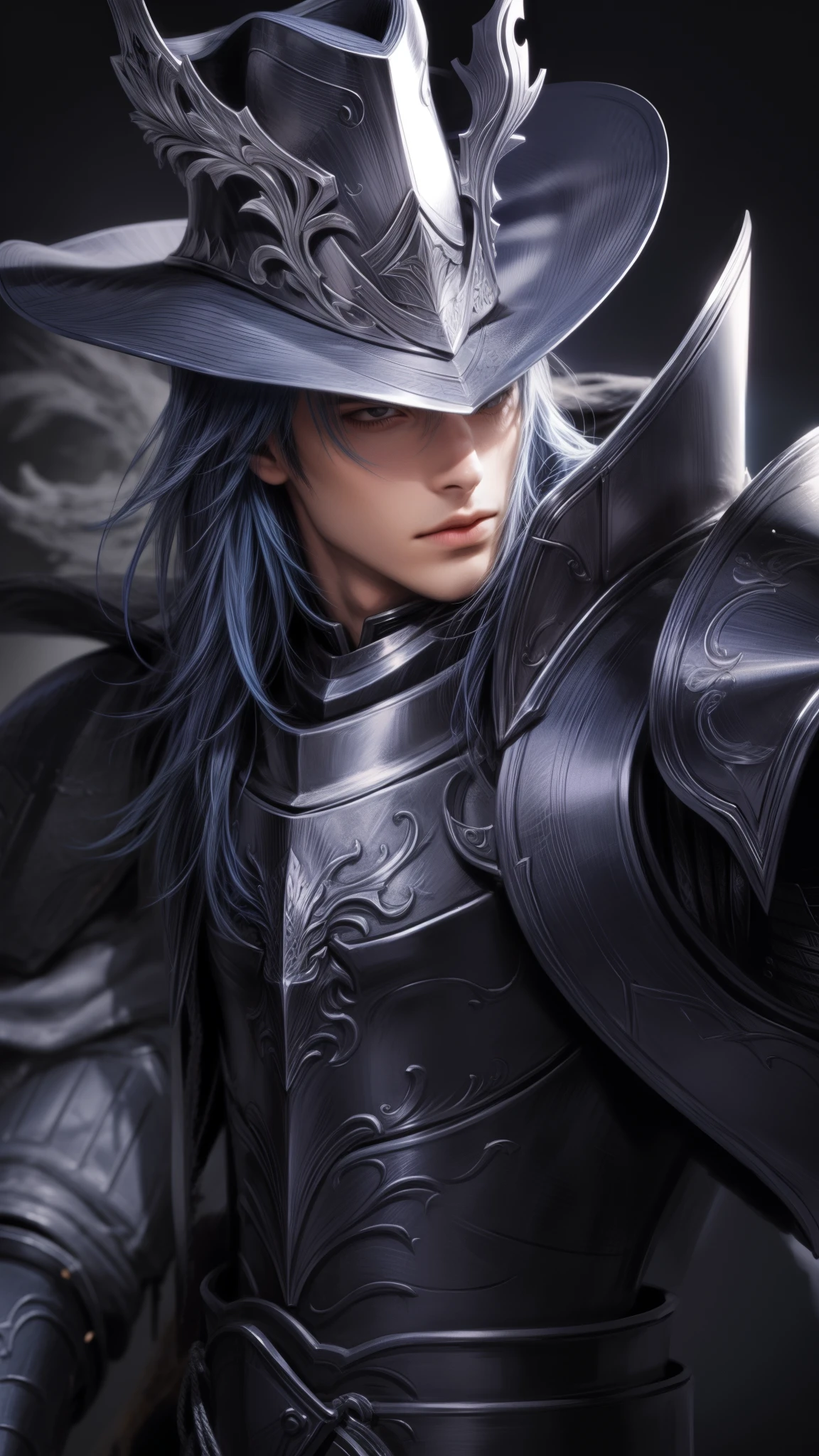 a close up of a man in armor with a hat, 