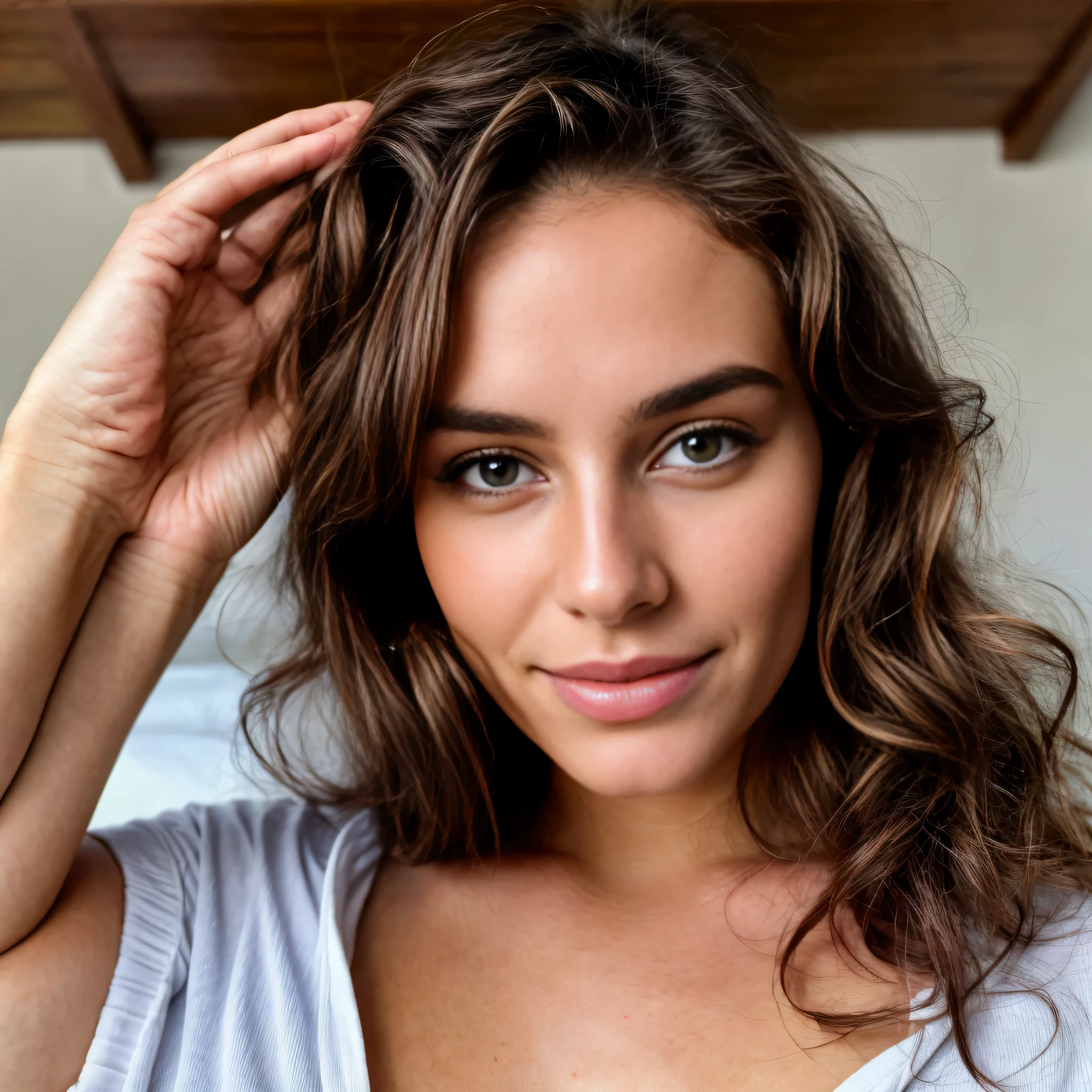Belle brune portant un shirt moulant et transparent (dans une chambre), Très détaillé, 21 ans, visage innocent, cheveux ondulés naturels, yeux bleus, haute résolution, chef-d'ouvrages d'art, meilleure qualité, détails complexes, Très détaillé, mise au point nette, peau détaillée, réaliste skin texture, texture, Yeux détaillés, professionnel, 4k, sourire charmant, filmé sur Canon, 85 millimètres, faible profondeur de champ, Couleur Kodak Vision, Corps parfaitement ajusté, extrêmement détaillé, photographier_\(Ultra\), photoréaliste, réaliste, Post-traitement, détails maximum, rugosité, vrai vie, ultra réaliste, Photoréalisme, photographie, 8K, photographie, à visage découvert, face visible