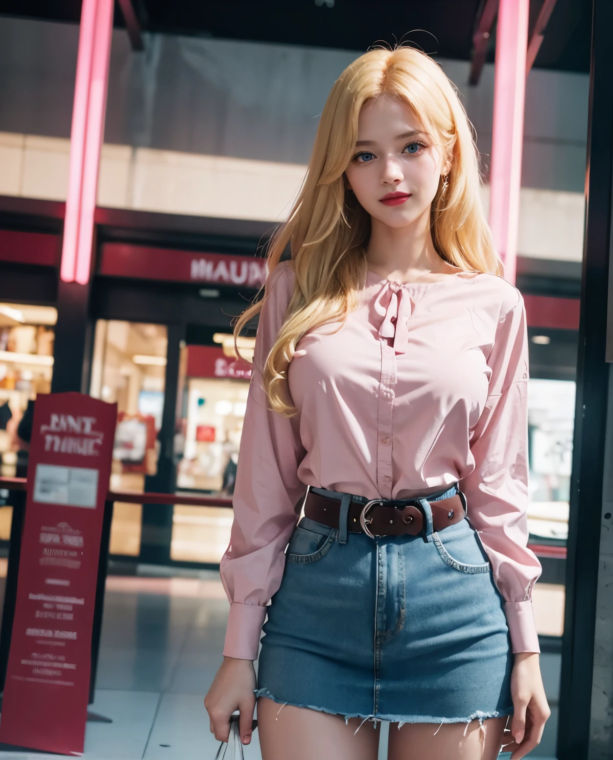 1girl, Blue eyes, (smiling), (Sana Minatozaki), wide hips, Big , big ass, (Best Quality, 8k, Masterpiece: 1.3), perfect hands, Clear Focus: 1.2, Perfect Body Beauty: 1.4 , Strongs Abs: 1.2, Highly detailed face and skin texture, detailed eyes, double eyelids, make-up, red lips, (blonde hair), (pink blouse :1.2), belt, jean skirt, standing, dynamic pose, in a shopping center at night
