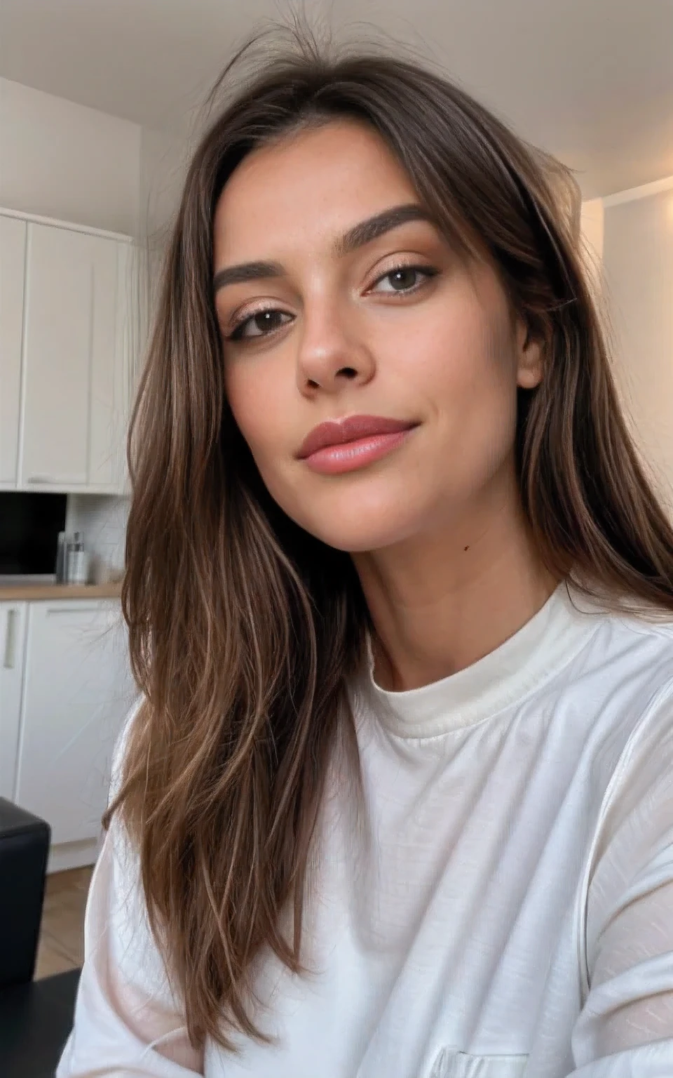 Belle brune portant un pull beige clair (Soins des ongles dans un salon de beauté moderne), très détaillé, 21 ans, visage innocent, cheveux ondulés naturels, yeux bleus, Haute résolution, chef-d&#39;œuvre, meilleure qualité, détails complexes, très détaillé, mise au point nette, peau détaillée, texture de peau réaliste, texture, yeux détaillés, professionnel, 4k, sourire charmant, filmé sur Canon, 85 millimètres, faible profondeur de champ,  Couleur Kodak Vision, corps parfaitement ajusté, extrêmement détaillé, photographier_\(Ultra\), photoréaliste, réaliste, Post-traitement, détails maximum, rugosité, vrai vie, ultra réaliste, photoréalisme, photographie, 8k euh, photographie