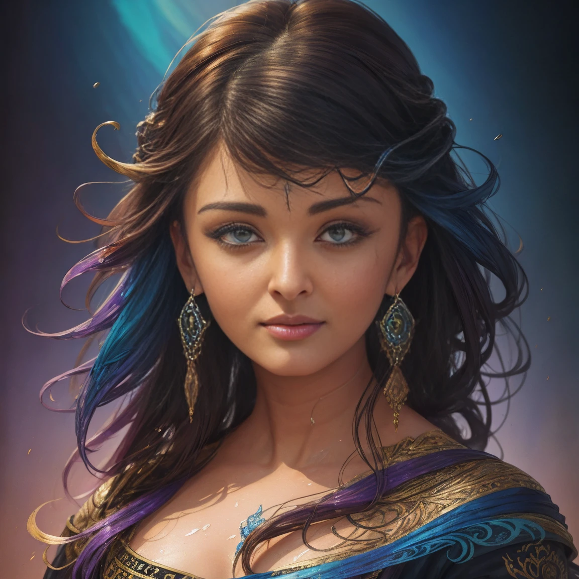 Colorful beautiful woman: Aishwarya Rai, messy hair, oil painting, nice perfect face with soft skinice perfect face, blue yellow colors, light purple and violet additions, light red additions, intricate detail, splash screen, 8k resolution, masterpiece, cute face,artstation digital painting smooth veryBlack ink flow: 8k resolution photorealistic masterpiece: intricately detailed fluid gouache painting: by Jean Baptiste Mongue: calligraphy: acrylic: watercolor art, professional photography, natural lighting, volumetric lighting maximalist photoillustration: by marton bobzert:, complex, elegant, expansive, fantastical  