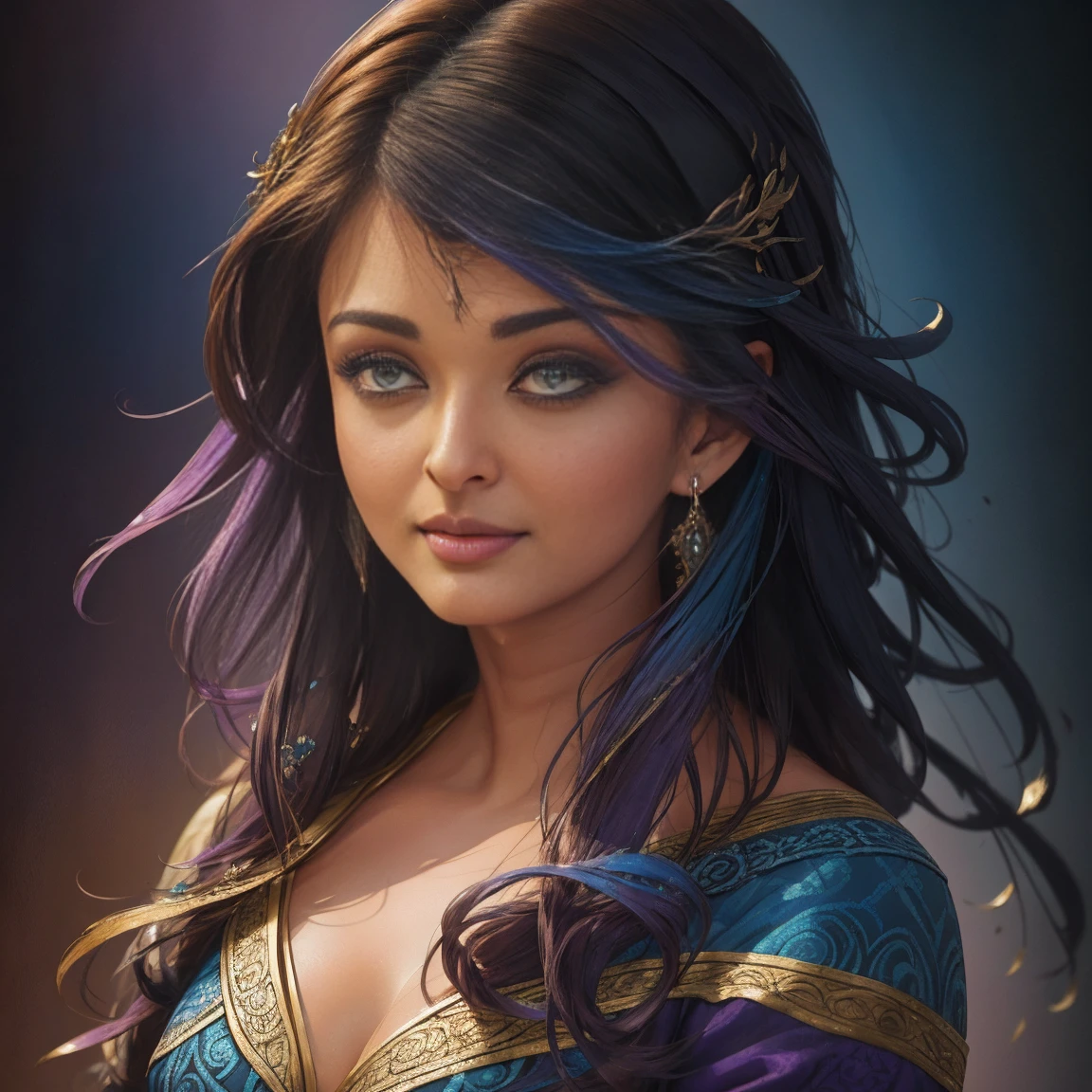 Colorful beautiful woman: Aishwarya Rai, messy hair, oil painting, nice perfect face with soft skinice perfect face, blue yellow colors, light purple and violet additions, light red additions, intricate detail, splash screen, 8k resolution, masterpiece, cute face,artstation digital painting smooth veryBlack ink flow: 8k resolution photorealistic masterpiece: intricately detailed fluid gouache painting: by Jean Baptiste Mongue: calligraphy: acrylic: watercolor art, professional photography, natural lighting, volumetric lighting maximalist photoillustration: by marton bobzert:, complex, elegant, expansive, fantastical  