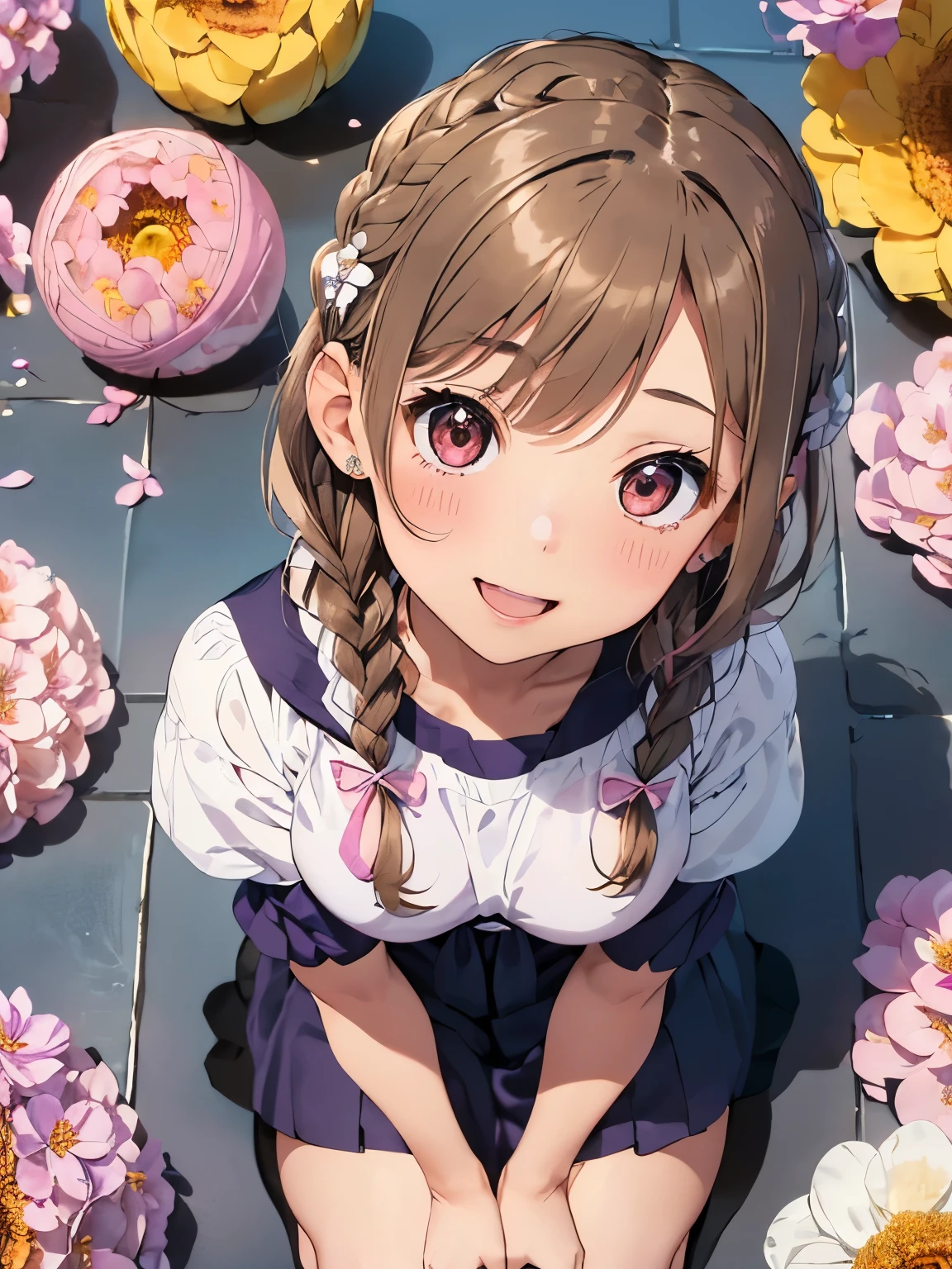(light brown hair:1.2),(Braided shorthair:1.3),(loosely tied hair:1.25),(big ribbon:1.3),(brown eyes:1.4),(eye size:1.5),(sphere accessories:1.3),((Feminine fashion:1.4)),(Background full of blooming flowers:1.5),(blush),(upper grade:1.3),(small breasts:1.4),((focus on face:1.5)),((look up:1.45)),((Angle from directly above:1.5)),BREAK//(fashion color white、dark blue、purple、pink:1.3),(open mouth smile:1.2),((Sit flat with both hands on the floor:1.3)),