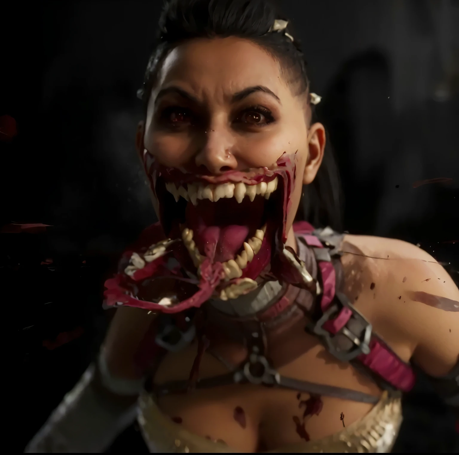 8k, melhor qualidade, mileenamk1, mostrando seus dentes monstruosos e lingua gigante, imagem real, detalhes intrincados, ultra-detalhado, ultra high resolution, campo de profundidade,(photorealista,realista:1.2),obra de arte, foto de mileena, olhos verdes, cabelo preto, decote, Sozinho, exalando poder, batalha, olhar de superioridade sol, blue sky, melhor qualidade, realista, photorealista, (detalhes intrincados:1.2), (delicado detalhado), (cinematic light), linha clara, sharp focus, realista face, Rosto detalhado Unity 8K papel de parede, ultra high resolution, (photorealista:1.4),