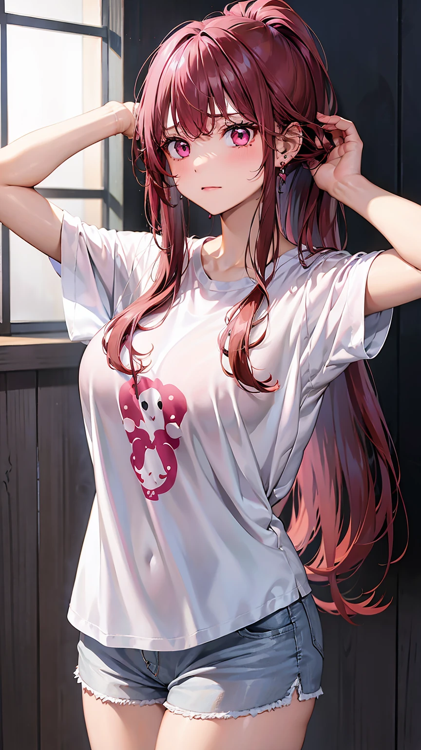 detailed face、long eyelashes、detailed eye、crimson long hair、wavy hair、ponytail、Woman tying hair、(pink eyes:1.3)、(dark red hair)、big breasts、slightly angry look、human、earrings、high quality、Gorgeous thighs:1.3、shiny skin、White denim shorts、白い丈の短いTshirt、blancheＴshirt、butt、behind