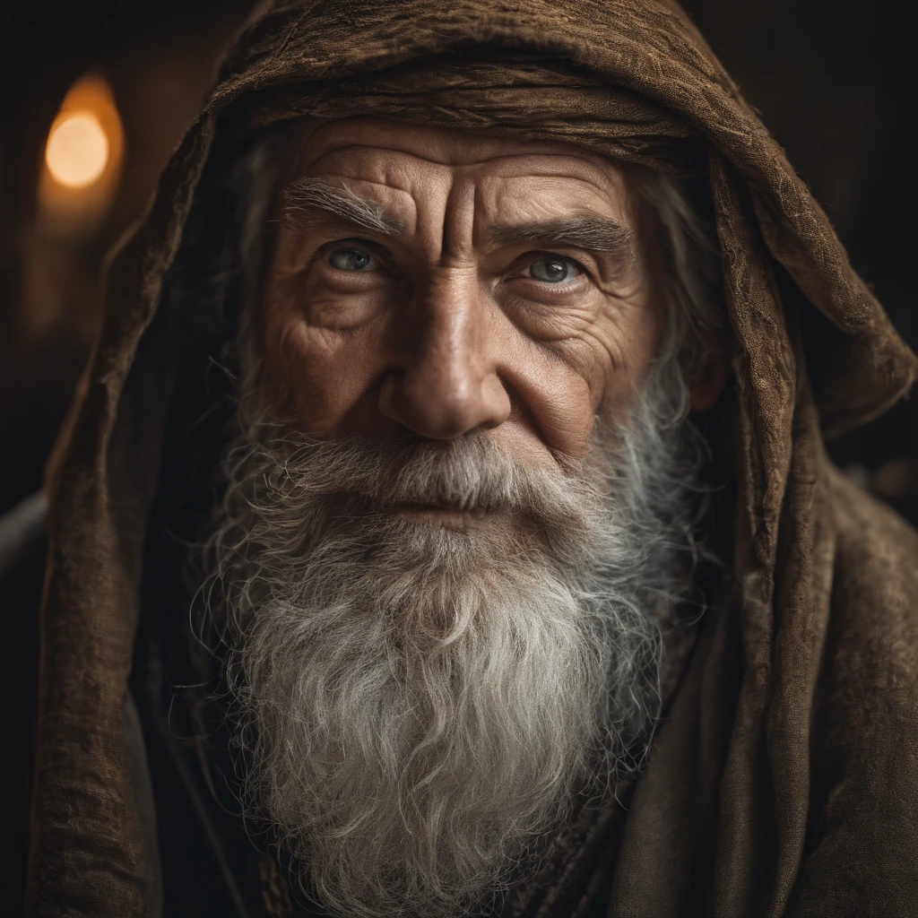 A portrait of a wizard, bearded, wrinkled, weathered, with piercing eyes, detailed face, high details, photography, natural light, Nikon D850, 50mm, f/1.4