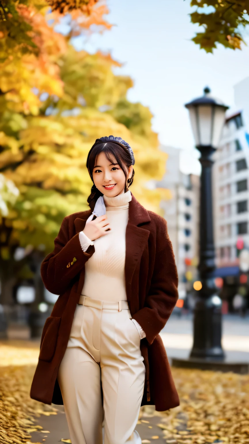 (realistic, photo-realistic:1.4), (extremely detailed 8k wallpaper), sharp focus, bokeh, detailed beautiful eyes and skin, (Image from thighs to head:1.3), Canon R5 50mm, (Japanese idol:1.4), 25yo, beautiful woman, smile, large breast, Stylish camel coat with high-waisted trousers, Classic, Sophisticated, City square, Autumn leaves,
