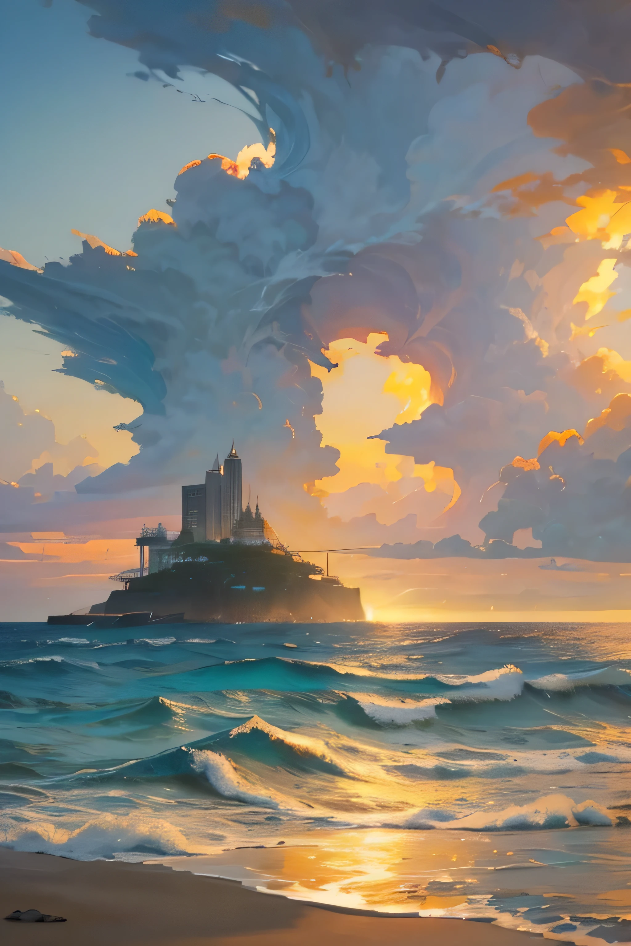 (melhor qualidade,ultra-detalhado),seaside with huge waves under tall buildings,Pinturas,oceano,litoral,paisagem urbana,Ondas quebrando,Surfistas,gaivotas,sunset,reflections,desfoque de movimento,glistening water,nuvens,arquitetura impressionante,curved litorals,Tons dourados,peaceful atmosphere,Sereno,monochrome with touches of color,Seaside Lighting,Luzes vibrantes da cidade,silhuetas,contrastes marcantes,dynamic energy,Airy and spacious,ethereal,inspirador,tranquilo e poderoso