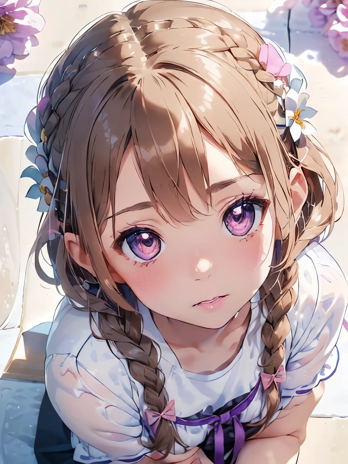 (light brown hair:1.2),(Braided shorthair:1.3),(loosely tied hair:1.25),(big ribbon:1.3),(brown eyes:1.4),(eye size:1.5),(sphere accessories:1.3),((Feminine fashion:1.4)),(Background full of blooming flowers:1.5),(blush),(upper grade:1.3),(small breasts:1.4),((focus on face:1.5)),((look up:1.45)),((Angle from directly above:1.5)),BREAK//(fashion color white、dark blue、purple、pink:1.3),(Face:1.2),((Sit flat with both hands on the floor:1.3)),((Lots of white creamy liquid:1.4)),(NSFW)