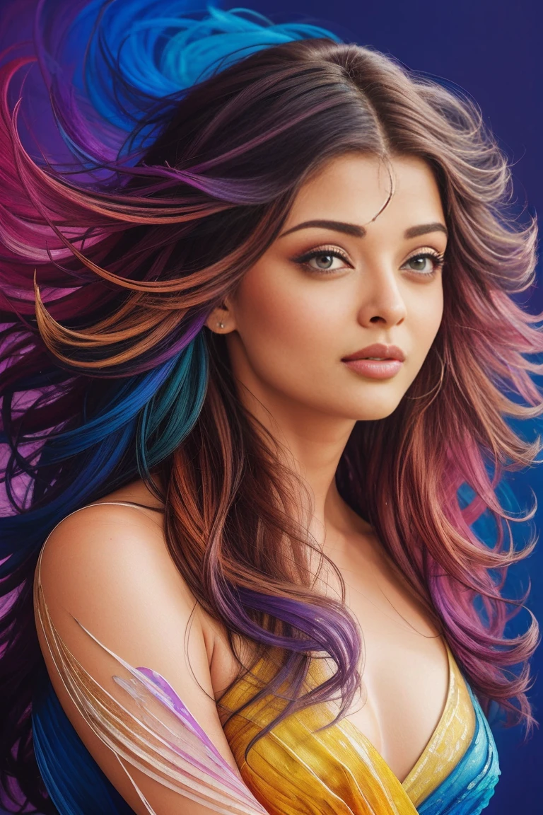 Colorful beautiful girl: Aishwarya Rai, messy hair, oil painting, nice perfect face with soft skinice perfect face, blue yellow colors, light purple and violet additions, light red additions, intricate detail, splash screen, 8k resolution, masterpiece, cute face,artstation digital painting smooth veryBlack ink flow: 8k resolution photorealistic masterpiece: intricately detailed fluid gouache painting: by Jean Baptiste Mongue: calligraphy: acrylic: watercolor art, professional photography, natural lighting, volumetric lighting maximalist photoillustration: by marton bobzert:, complex, elegant, expansive, fantastical,  wavy hair, vibrant