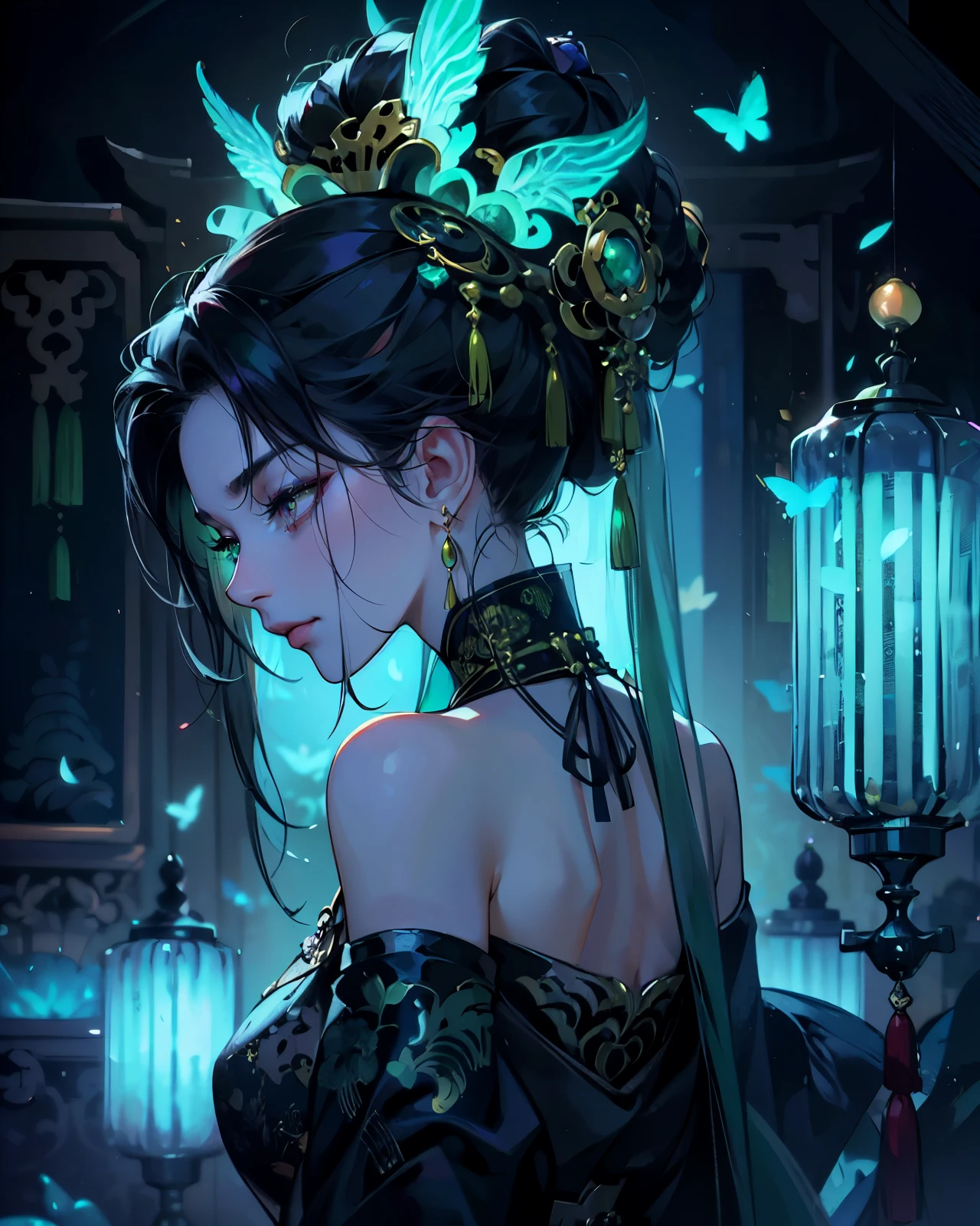 (masterpiece, best quality), solo, woman, elegant, evil, mysterious, dramatic, ((Chinese empress)), empress, black hair with bun, (both eyes-closed), (long dramatic black and green colours qipao), hair accessories, (jade accessories), Chine lamps, shrine, Chinese temple in background, soft glow effect, vivid colors, neon, intricate details, portrait, (back view), Upper-body, scenery
