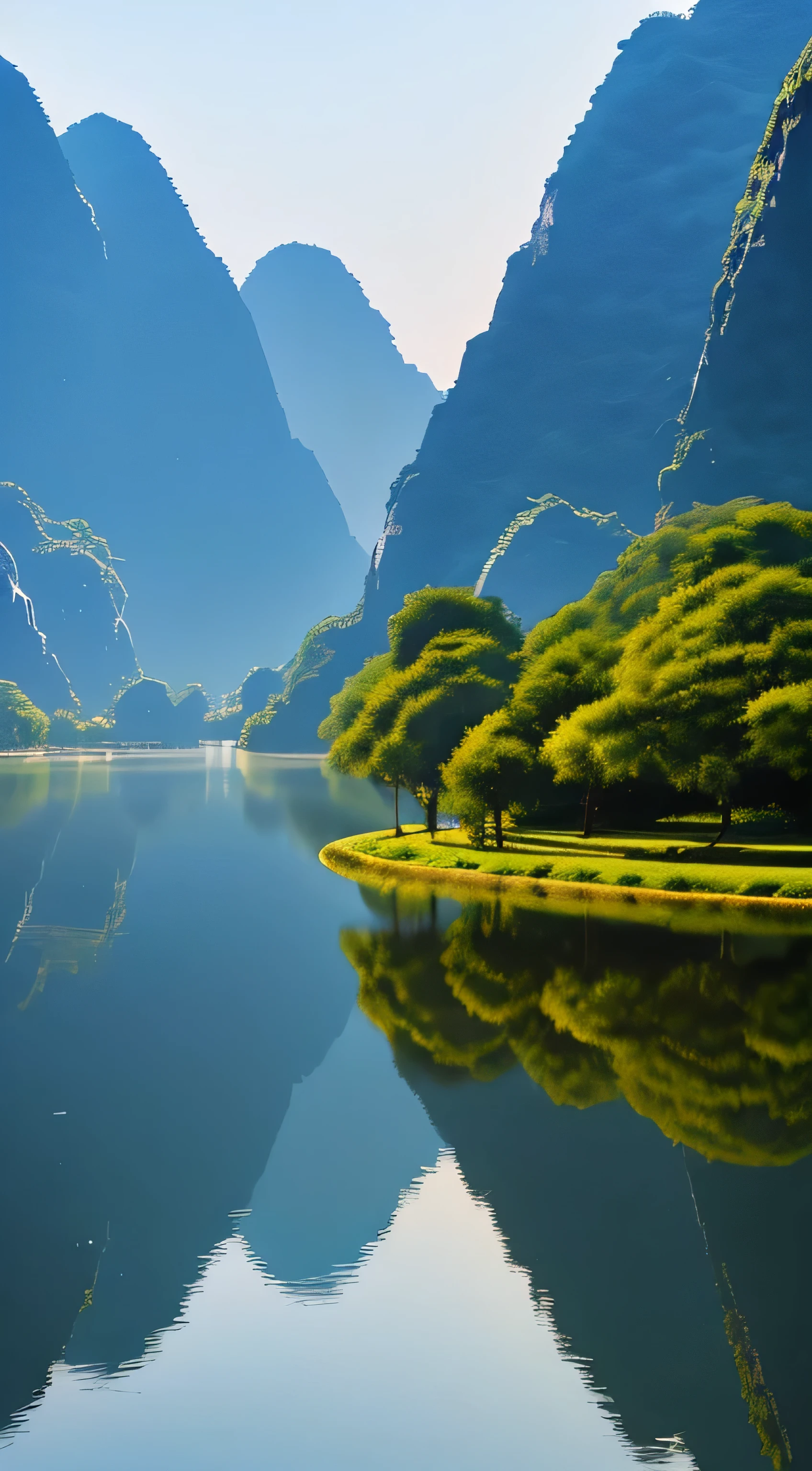 obra de arte, melhor qualidade, extremely beautiful reflection, best reflection. (Papel de parede CG 8k muito detalhado), (melhor qualidade), (best illustration), (melhor sombra), fotos de paisagem de Guilin, fotorrealista e madrugada.
