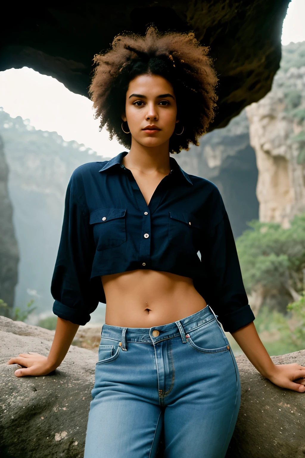 fotografia de uma mulher, (disturbed facial expression), Pele texturizada, arrepio, cabelo afro loiro, camisa xadrez de flanela com jeans boyfriend desgastado, tiro de vaqueiro, dark and mysterious cave with unique rock formations and hidden wonders, olhos perfeitos, (luz de velas,claro-escuro), Porta 160 cor, Tiro em ARRI Alexa 65, Bokeh, sharp focus on subject, filmado por Don McCullin