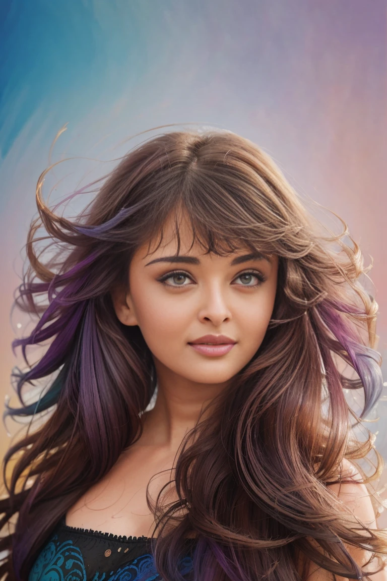 Colorful beautiful girl: Aishwarya Rai, messy hair, oil painting, nice perfect face with soft skinice perfect face, blue yellow colors, light purple and violet additions, light red additions, intricate detail, splash screen, 8k resolution, masterpiece, cute face,artstation digital painting smooth veryBlack ink flow: 8k resolution photorealistic masterpiece: intricately detailed fluid gouache painting: by Jean Baptiste Mongue: calligraphy: acrylic: watercolor art, professional photography, natural lighting, volumetric lighting maximalist photoillustration: by marton bobzert:, complex, elegant, expansive, fantastical,  wavy hair, vibrant