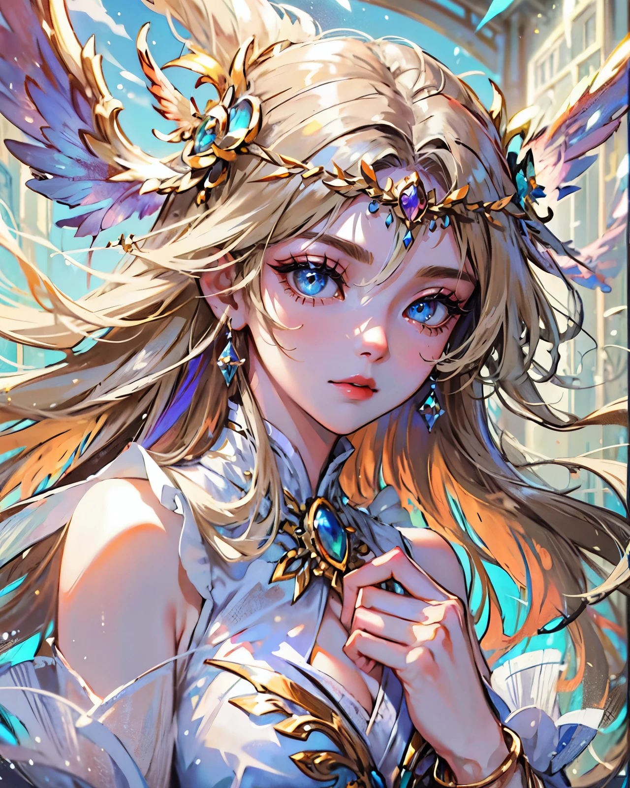 (((Masterpiece))), (((Best quality))), ((Ultra-detailed)),(Highly detailed CG illustration), ((An extremely delicate and beautiful)),Cinematic light, Create stunning fantasy artwork,Fairy fantasy,hoang lap,greek myth,Iris is the goddess of the rainbow,A young and elegant figure,There are wings on the back,Exudes a radiant aura。A beautiful woman with long flowing hair,Her hair was sometimes decorated with garlands。Dressed in a flowing manner、Ethereal dresses or robes,Usually brightly colored,Shades similar to rainbows。The appearance of the iris exudes elegance、Beautiful and ethereal temperament。Her depictions reflect her connection to the rainbow,It conveys a sense of wonder、Bright colors and a bridge between heaven and earth。 Light blonde hair,beautidful eyes
