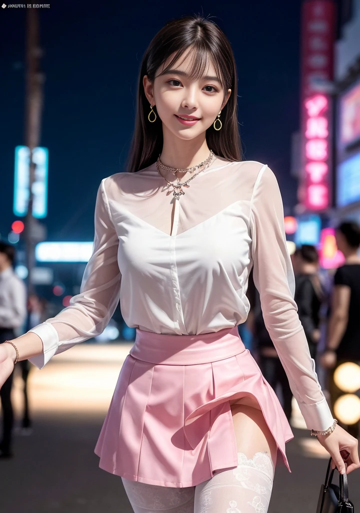 8K, masterpiece, RAW photo, highest quality, realistic, extremely detailed CG unity 8K wallpaper, Depth of bounds written, cinematic light, Lens flare, ray tracing, (very beautiful face, beautiful lips, beautiful eyes), face with intricate details, ((super dense skin)) 1 girl, in the dark, deep shadow, cute korean girl, K-POP idol,(very slim slender fit-muscled body:1.3), ((looking at the viewer)),(big smile:1.3), (night, (neon sign), (blurred background), midnight, (with no people in the background:1.3), cute korean girl, white diamond earrings, bracelet, necklace, pantyhose, clear eyes, walk , front shot, (white skin), look forward, (Big eyes), full body shot, ((look through the blouse)), (hot pink color blouse)), ((skirt)), (looking at the viewer:1.3), very slim, medium breasts, hermes bag