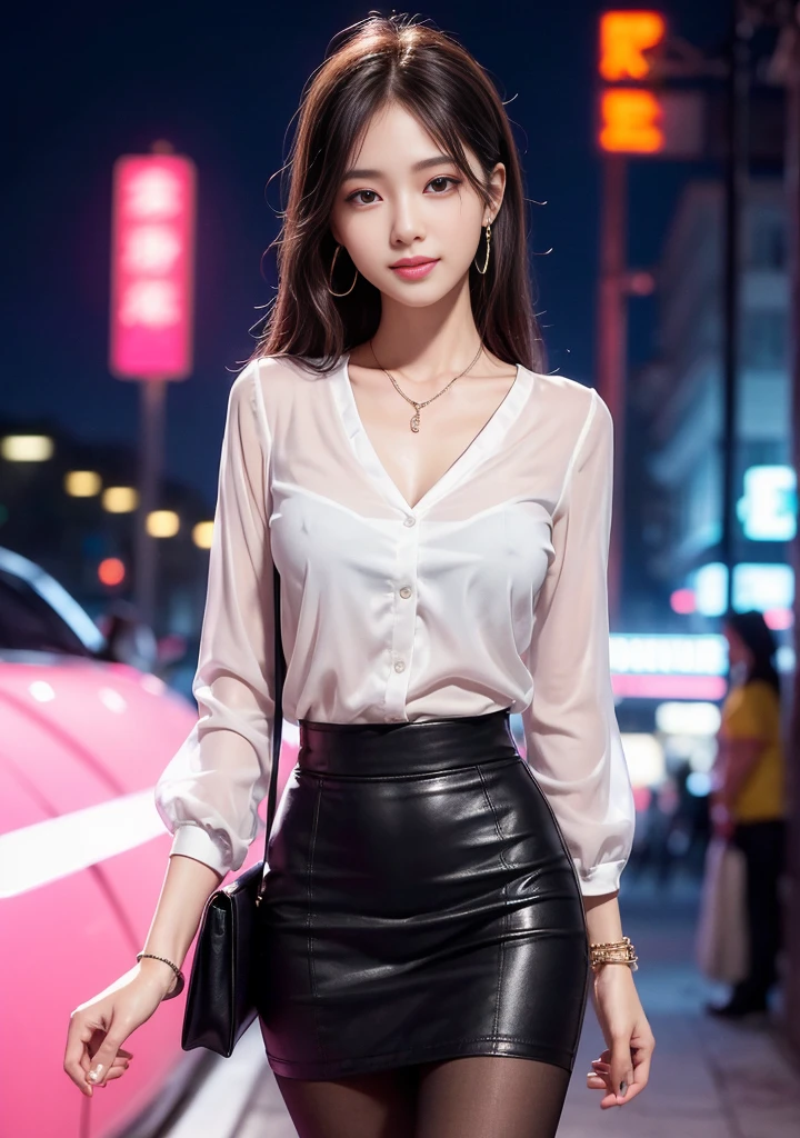 8K, masterpiece, RAW photo, highest quality, realistic, extremely detailed CG unity 8K wallpaper, Depth of bounds written, cinematic light, Lens flare, ray tracing, (very beautiful face, beautiful lips, beautiful eyes), face with intricate details, ((super dense skin)) 1 girl, in the dark, deep shadow, cute korean girl, K-POP idol,(very slim slender fit-muscled body:1.3), ((looking at the viewer)),(big smile:1.3), (night, (neon sign), (blurred background), midnight, (with no people in the background:1.3), cute korean girl, white diamond earrings, bracelet, necklace, pantyhose, clear eyes, walk , front shot, (white skin), look forward, (Big eyes), full body shot, ((look through the blouse)), (hot pink color blouse)), ((skirt)), (looking at the viewer:1.3), very slim, medium breasts, hermes bag