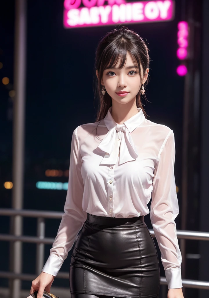 8K, masterpiece, RAW photo, highest quality, realistic, extremely detailed CG unity 8K wallpaper, Depth of bounds written, cinematic light, Lens flare, ray tracing, (very beautiful face, beautiful lips, beautiful eyes), face with intricate details, ((super dense skin)) 1 girl, in the dark, deep shadow, cute korean girl, K-POP idol,(very slim slender fit-muscled body:1.3), ((looking at the viewer)),(big smile:1.3), (night, (neon sign), (blurred background), midnight, (with no people in the background:1.3), cute korean girl, white diamond earrings, bracelet, necklace, pantyhose, clear eyes, walk , front shot, (white skin), look forward, (Big eyes), full body shot, ((look through the blouse)), (hot pink color blouse)), ((skirt)), (looking at the viewer:1.3), very slim, medium breasts, hermes bag