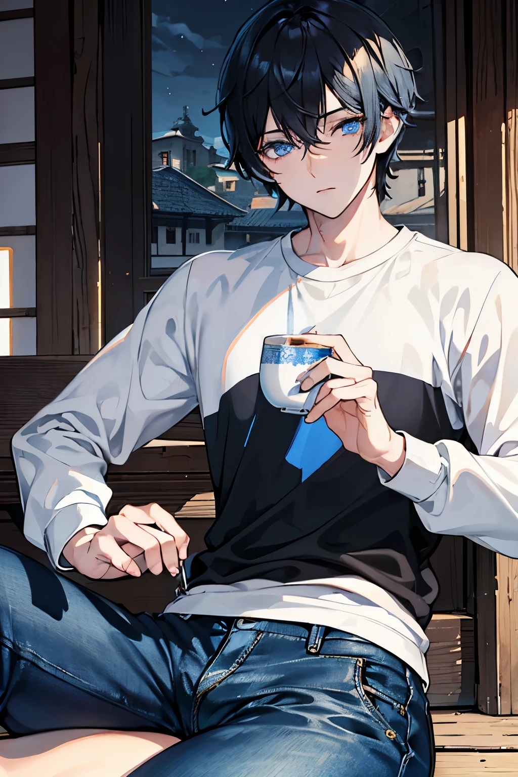 male black hair blue eyes short hair cool jeans trainer long sleeve one person sit and drink tea ancient folk house masterpiece Highest image quality noise removal clear parts cinematic shadow Increased attractiveness of the eyes clear parts the shine of the eyes Draw eyelashes neatly perfect eyes detailed eyes Sharpen image quality Sharpen eye writing clear parts eye shape