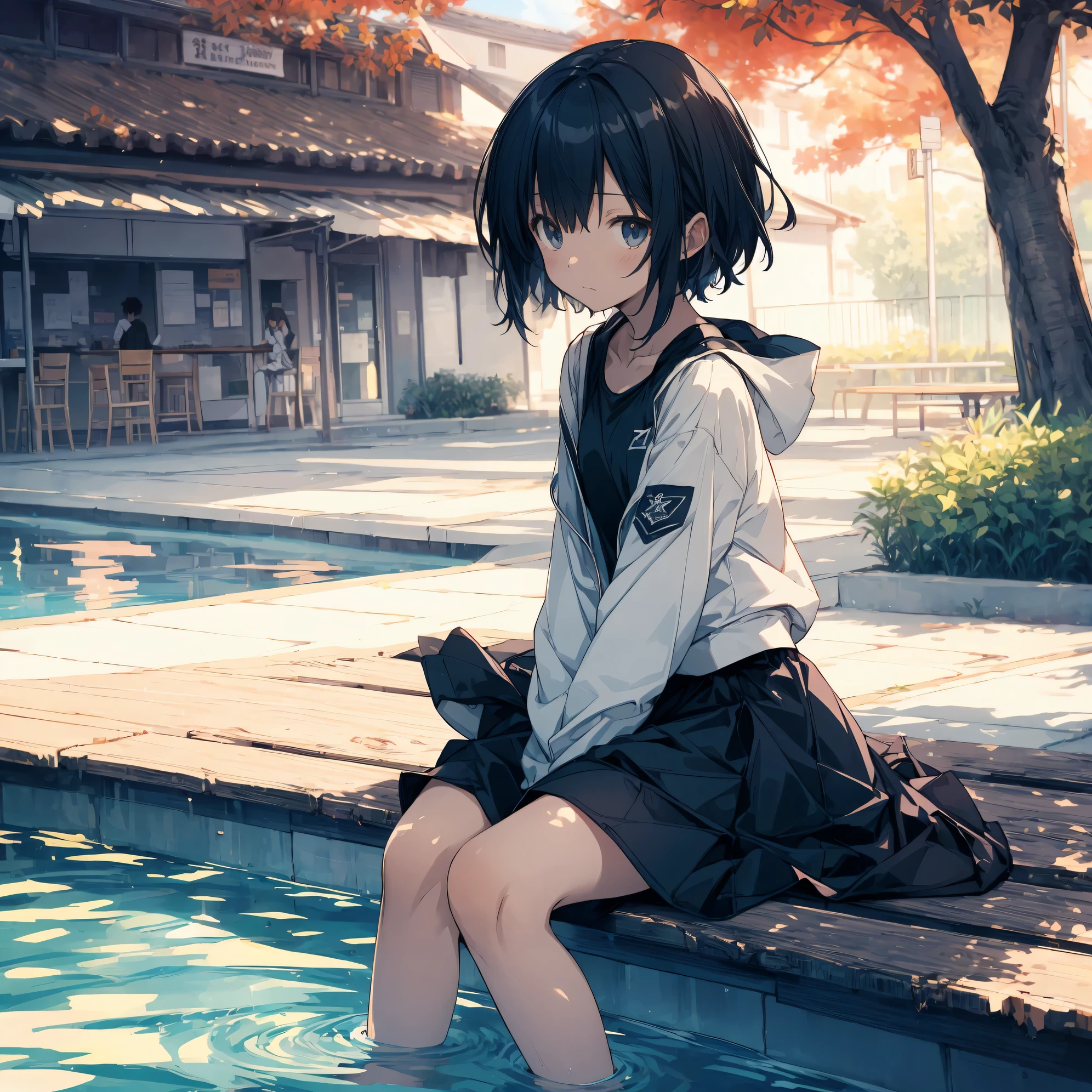 Super high quality by the art god, super detailed, High resolution, Shinkai Makoto style, anime moe art style, best anime 8K konachan wallpaper, pixiv contest winner, perfect anatomy, break,(Draw a picture of a girl in a swimsuit sitting sleepily on a bench by the pool.),break, surreal girl, (alone,lolita, , 13 years old:1.3),All limbs, full finger,, androgynous charm, (very short hair), messy hair, flat chest, , small ass, between legs, Small black eyes,hanme,beautiful and fine eyes, Well-proportioned iris and pupils, sleepy eyes, High resolutionの詳細な髪, School swimsuit wear,Wet, in School pool. break,super dense skin, Best lighting by famous artists, 8K, figure,