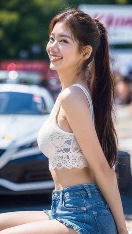 Highly detailed CG Unity 8K wallpaper, highest quality, Super detailed, masterpiece, realistic, photo realistic, Highly detailed cute girl, 25 years old, (whole bodyからつま先まで:1.2、(whole body)、(whole body to toes)、(shot from the side:1.2)、(sitting on the hood of a car)、(lace queen)、(sexy pose),(model pose)、(big breasts)、(big ass)、(smile at the camera)、( smile ),(whole bodyショット:1.2) ,(Side view:1.2)、(side shot:1.2)、(ponytail)、(photorealistic:1.3)、(Sponsored and wearing grid girl costume'logo is printed.:1.3), (shorts) , (sitting in a motorsport race),
