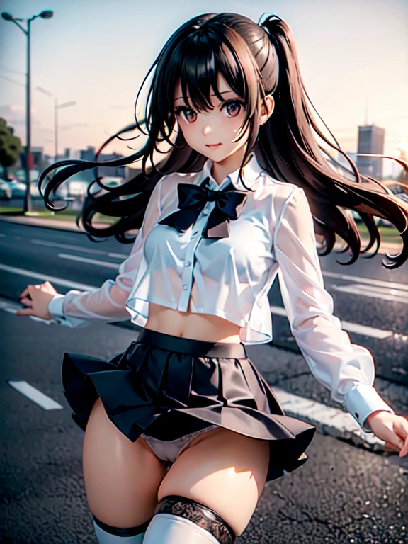 masterpiece , best quality ,1 girl, jumping, dynamism, full body, A very beautiful and charming face, beautiful light brown hair, hair over shoulder, floating hair, expressive hair, shiny hair, hair flaps, intense black eyes, strong eye highlights, small breasts, shy smile, lip gloss, parted lips, high school uniform, summer clothes, (((sheer white shirt))), beautiful slim body line, navel visible, navy blue short plears skirt, white lace panties, cameltoe, BREAK, ((black thigh-high socks)),
soft wind, Sunset after rain, wet road surface, back light, Looking up from the floor,flipping skirt.