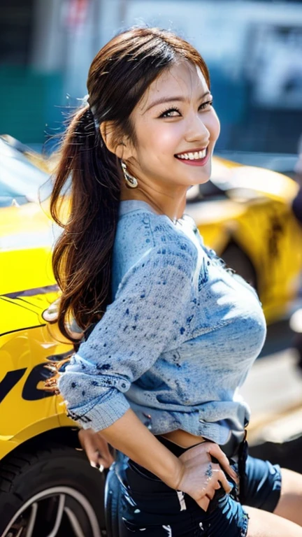 Highly detailed CG Unity 8K wallpaper, highest quality, Super detailed, masterpiece, realistic, photo realistic, Highly detailed cute girl, 25 years old, (whole bodyからつま先まで:1.2、(whole body)、(whole body to toes)、(shot from the side:1.2)、(sitting on the hood of a car)、(lace queen)、(sexy pose）,(model pose)、(big breasts)、(big ass)、(smile at the camera)、( smile ),(whole bodyショット:1.2) ,(Side view:1.2)、(side shot:1.2)、(ponytail)、(photorealistic:1.3)、(Sponsored and wearing grid girl costume&#39;logo is printed.:1.3), (shorts) , (sitting in a motorsport race),   
