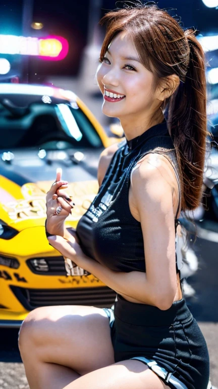 Highly detailed CG Unity 8K wallpaper, highest quality, Super detailed, masterpiece, realistic, photo realistic, Highly detailed cute girl, 25 years old, (whole bodyからつま先まで:1.2、(whole body)、(whole body to toes)、(shot from the side:1.2)、(sitting on the hood of a car)、(lace queen)、(sexy pose),(model pose)、(big breasts)、(big ass)、(smile at the camera)、( smile ),(whole bodyショット:1.2) ,(Side view:1.2)、(side shot:1.2)、(ponytail)、(photorealistic:1.3)、(Sponsored and wearing grid girl costume'logo is printed.:1.3), (shorts) , (sitting in a motorsport race),