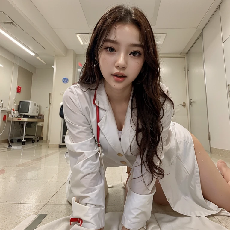 masterpiece, highest quality, realistic, 1 girl, hospital room, Resting, night, nurse uniform, nurse, beautiful long hair, big ass, realistic美しいlegs, Clothes with a wide open chest, stockings, nipple protrusion, My whole body is sticky with body oil, trained body, abs, professional lighting, glowing skin, Full body photo up to the toes
