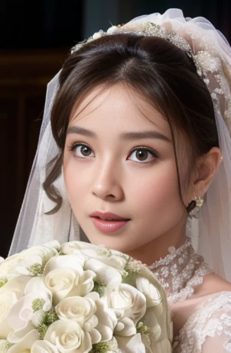(Best quality, 8k, 32k, Masterpiece, UHD:1.2), beautiful bride, similar to Audrey Hepburn, (detailed gorgeous wedding dress and veil:1.5), (holding bouquet:1.5), symmetric face, looking at viewer shyly, just a faint smile, standing in chapel, cinematic lighting 8k wallpaper, best quality,