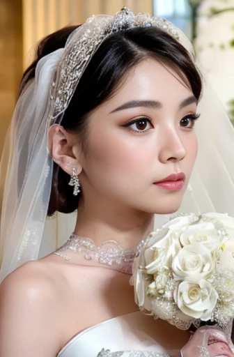 (Best quality, 8k, 32k, Masterpiece, UHD:1.2), beautiful bride, similar to Audrey Hepburn, (detailed gorgeous wedding dress and veil:1.5), (holding bouquet:1.5), symmetric face, looking at viewer shyly, just a faint smile, standing in chapel, cinematic lighting 8k wallpaper, best quality,