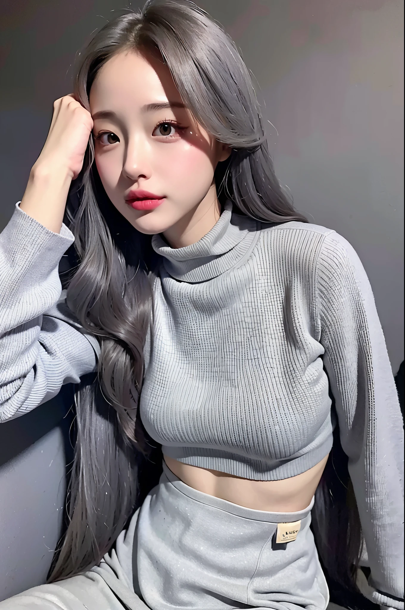 realistic, High resolution, 1 female, glowing skin, alone, wide lips,long hair,wavy hair, hip up,saggy breasts,small face,Gray color hair,Color Contacts,Turtleneck sweater,long skirt,Wearing a down jacket