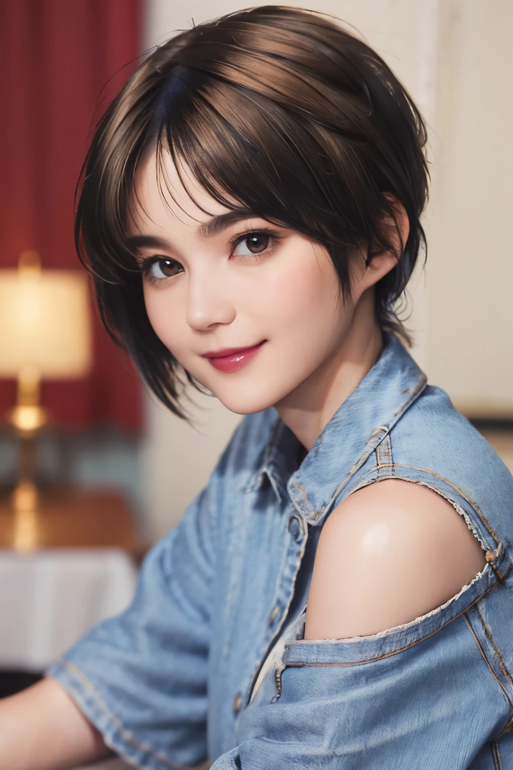 150
(20 year old woman,jeans), (Super realistic), (high resolution), ((beautiful hairstyle 46)), ((short hair:1.46)), (gentle smile), (brest:1.1), (lipstick)