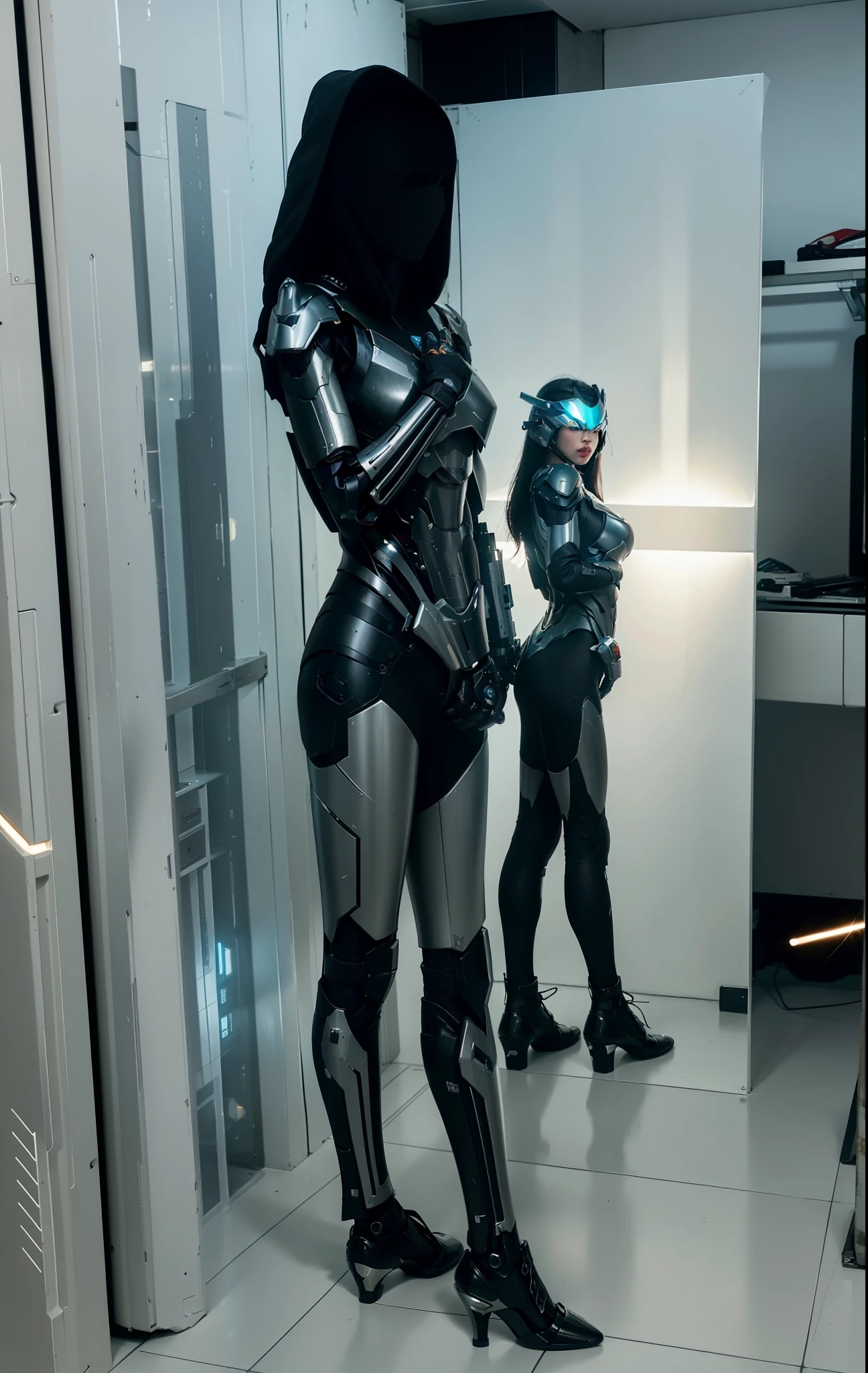 Futuristic high-tech style，best quality,Fairy skin,(Every time :1.2),Everlasting,super detailed,actual,high quality,light lighting,Ray tracing,ultra high definition,upper part of body, Future Iron Man mecha，shooting，battery，Launching equipment，Large-caliber artillery，Ros Tran 8K，Mecha Cyber Armored Tank Girl,Wearing a cyberpunk technology helmet，Star Warframe Helmet，There is a breathing light on the body，The armor of the future shines，armed cannon，High-tech warframe