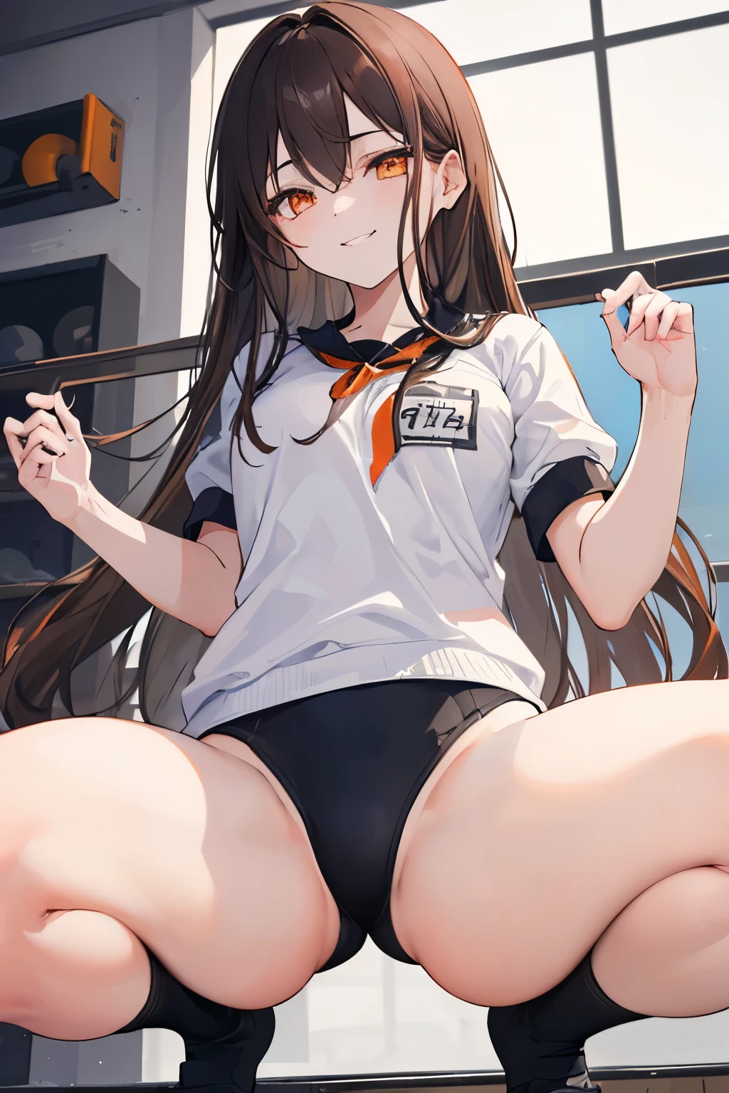 (((1girl))), ((best quality)), ((masterpiece)), ((ultra-detailed)), (illustration), (detailed light), (an extremely delicate and beautiful), (beautiful detailed eyes), (sunlight), ((extremely light)),
((((white and black gym uniform)))),
school girl,
wavy long, (((dark brown hair))), (((long hair))),
(((deep orange eyes))),
((whole body)), aged 14 to 17,
diamond, beautiful, ((extra elegant)), (((condescending expression))), (sexually mischievous smile), (((extra adorable))), (((extra slender shape))),
squatting in the school gym, from below,
(((extraordinarily thin thighs)))