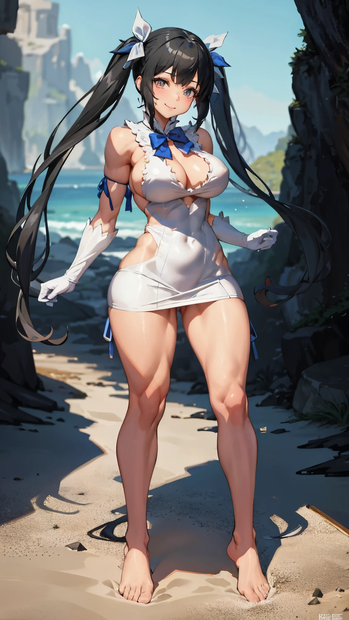 (artwork), best quality, extremely detailed CG, beautiful detailed eyes, ultra-detailed, {{{on the beach}}}, standing, intricate details: 1,2), 8k wallpaper, elaborate assets, ( 1 girl Alone: ​​1.4), (anime style textures), Very high resolution, (vibrant colors, dynamic lighting: 1.0), (high contrast: 0.8), cookie (Danmachi), breasts, Long hair, blue ribbon, ( twintails), gloves, ribbon, dress, king no, lust, big breasts, blue eyes, black hair, (slim), white gloves, cleavage, white dress, hair ribbon, bow, sleeves, sleeves dress, fringe, cropped neckline, hair ornament, bow tie, cut-out clothes, very Long hair, level dressing, arm ribbon, (whole body: 1.1), smile, Cute, muscular legs, muscular belly, standing, bare feet, (very short and sensual bikini )