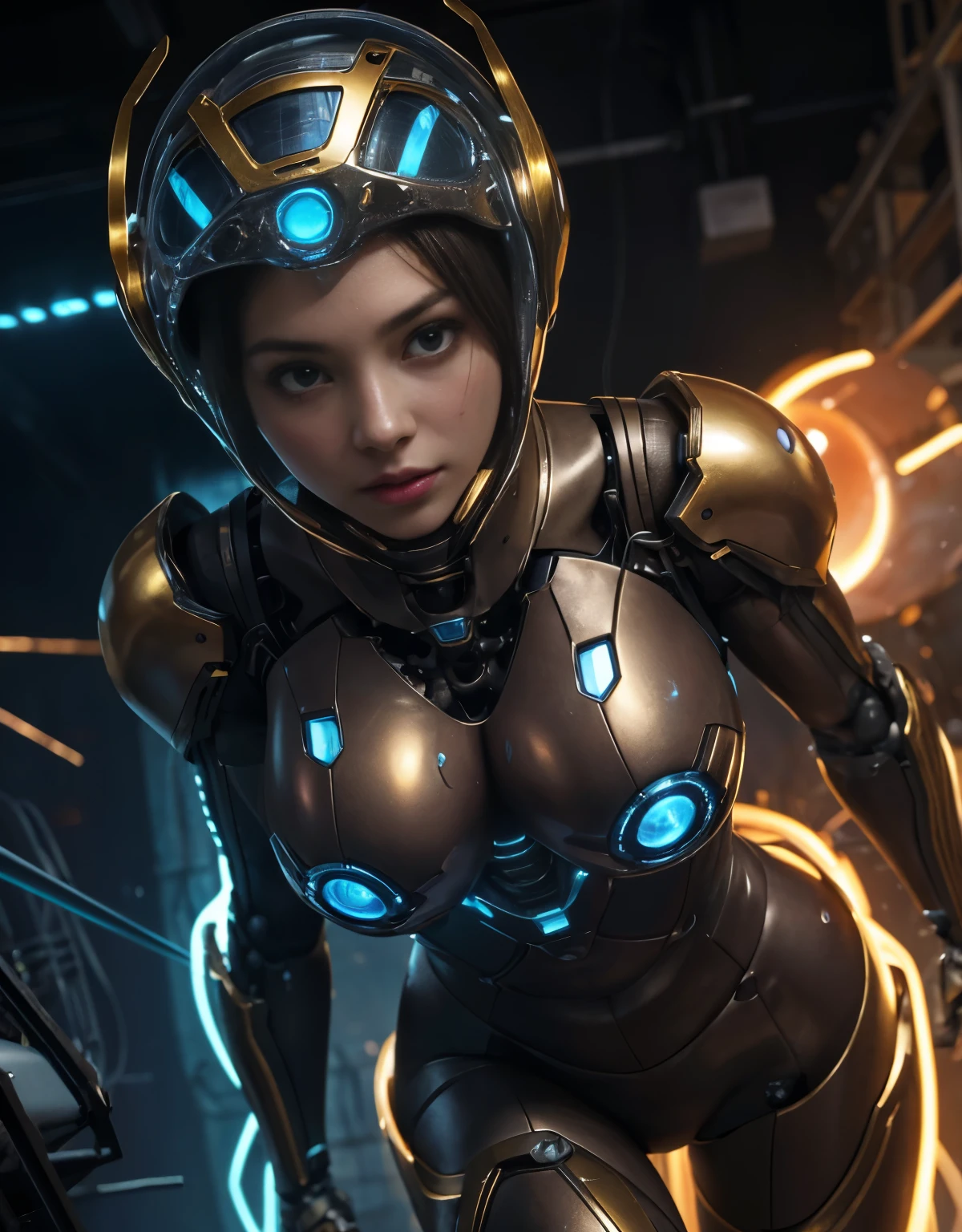 (Background of skimpy mechanical girl and octopus alien)、(Mystical expression)、highest quality、masterpiece、Super high resolution、(Photoreal:1.4)、RAW photo、1 girl、glowing skin、detailed face、(((1 Mechanical Girl)))、Heavy chest、(gold metal bodysuit)、(Natural alien background to fight aliens)、(Small LED)、((Super realistic details))、vertical giant monster background),global illumination、Shadow、octane rendering、24K、super sharp、robotの背景、big breasts、Raw skin exposed in the cleavage、intricate decorative details、Japan details、very intricate details、realistic light、(Mystical expression),CG Society Trenlow Eyes、Eyes shining towards the camera、Mechanical marginal blood vessels connected to neon detail tubes)、(Wires and cables connecting to the head)、Small LED、,mechanical thighs、two stock、(Hands are also made of machines)、robot、future alien、Please wear a mechanical helmet、transparent face guard on helmet、16K,