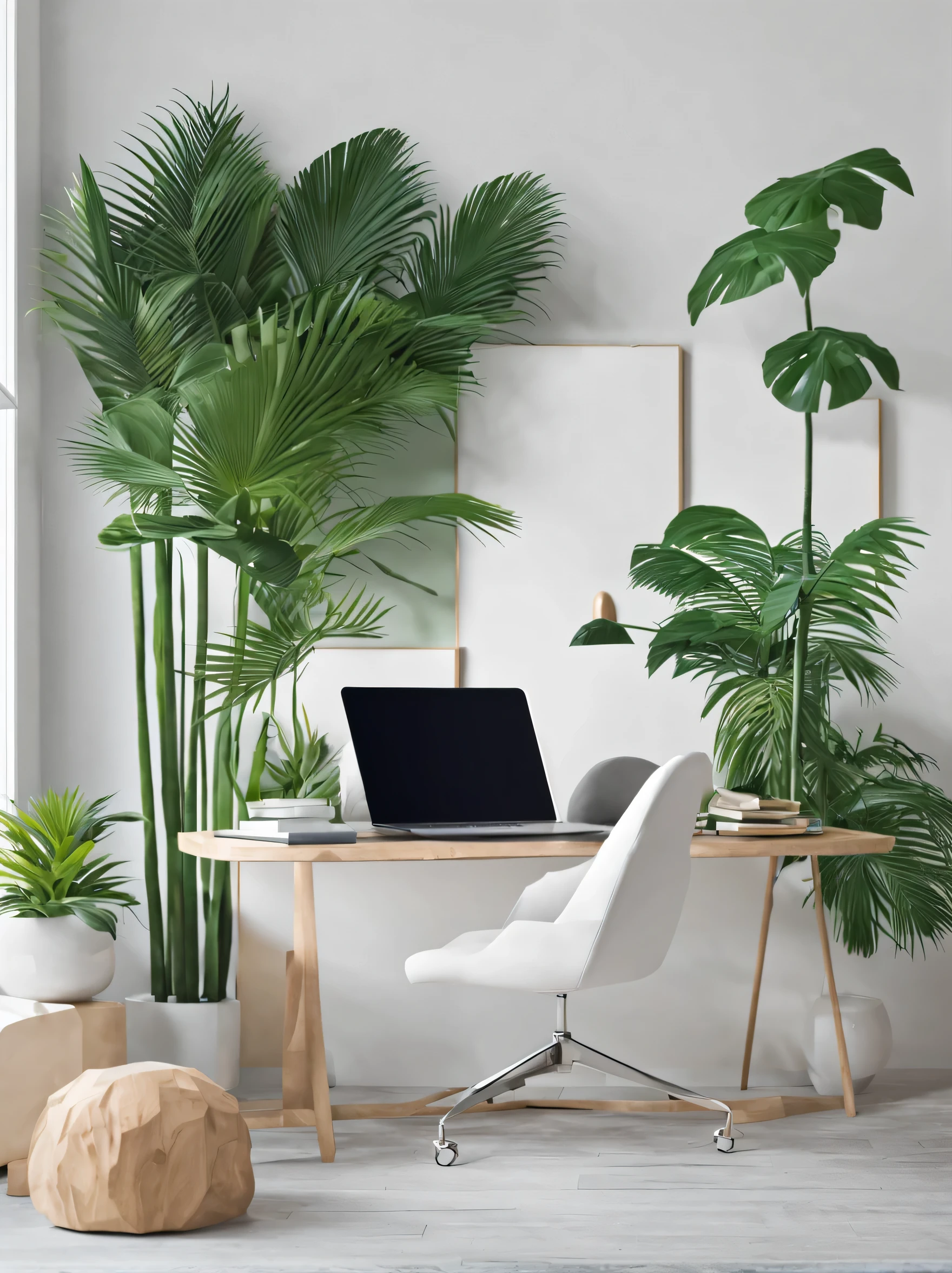 Dynamic office area with palm trees and an aesthetic minimalistic touch to it, elegant and modern, close up, desk, work space, lounge area, colorful, jungle vibes