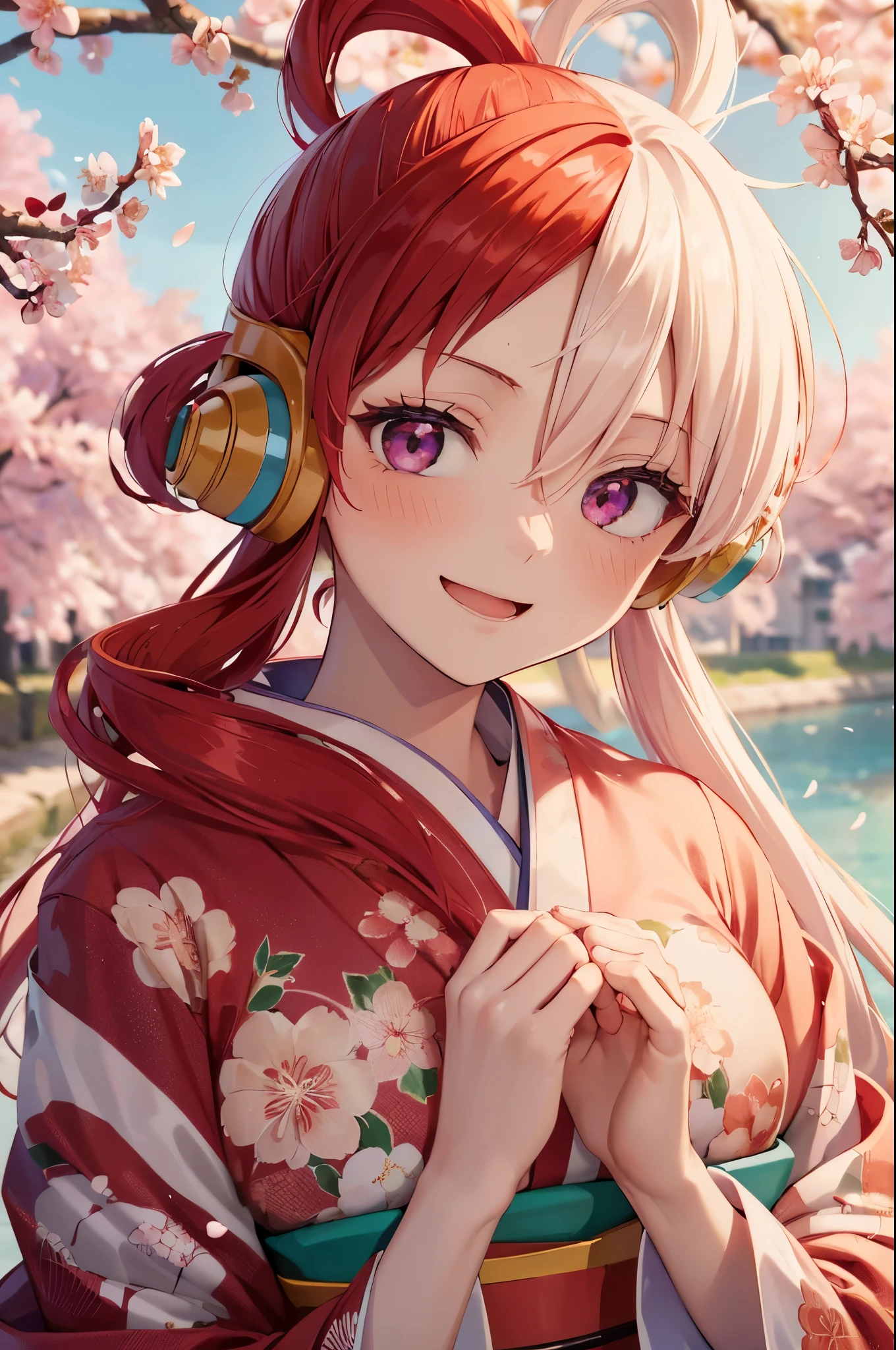 one piece, Song, Red and white hair, long hair, (alone:1.3), (one girl:1.3), (red mini kimono:1.3), (Gorgeous floral pattern:1.3), medium-sized chest, blush, smile, open your mouth, highly detailed eyes, highly detailed fingers, super precise hands, (along the river:1.2), (cherry blossoms:1.2), (extreme close up:1.2)