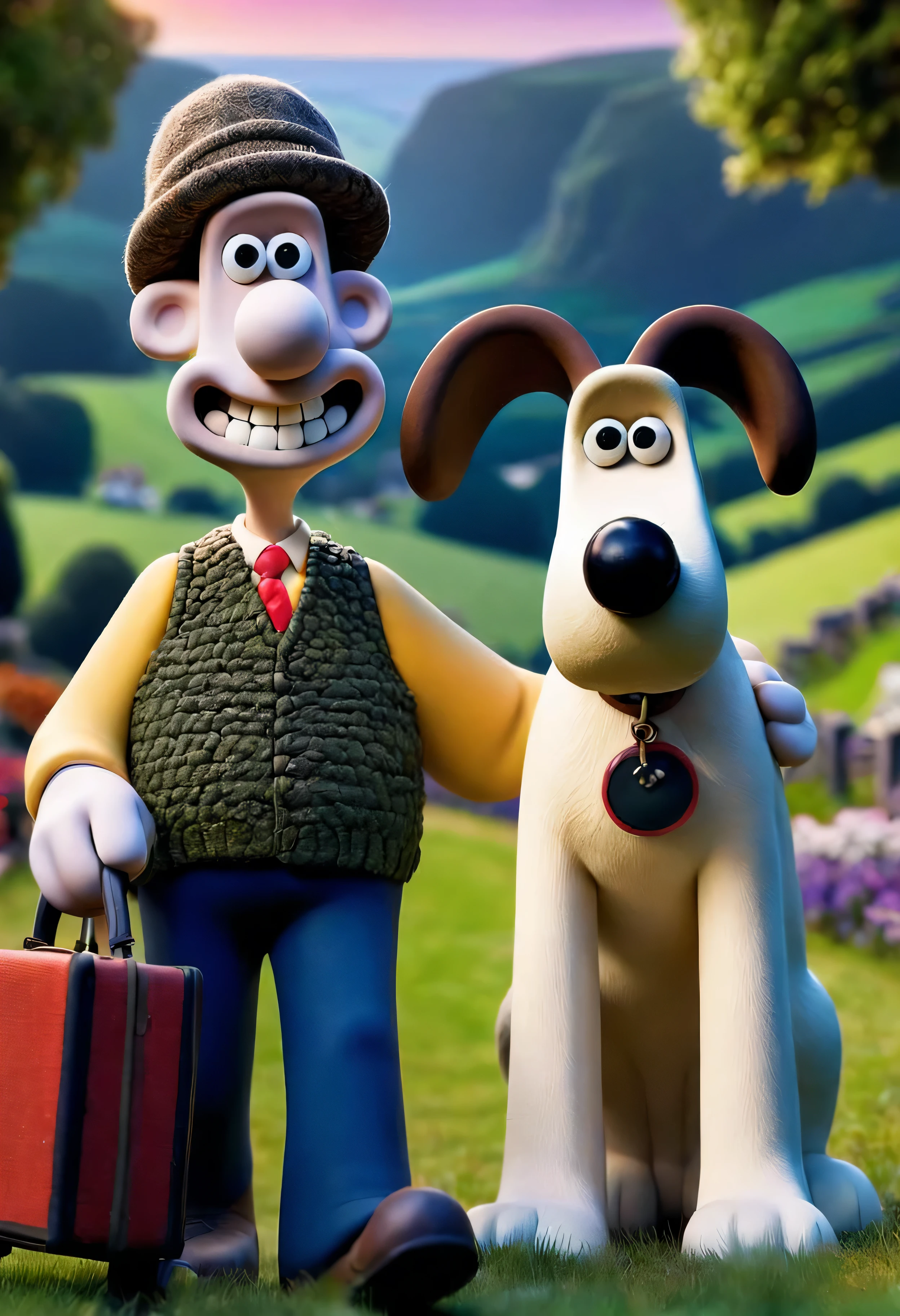 wallandgrom, friends, 1boy, 1dog, looking at viewer, 3d \(artwork\),Wallace and Gromit embark on a charming countryside ramble, their mismatched personalities adding color to their leisurely stroll. Wallace, with his trademark tweed cap and absent-minded grin, leads the way with an air of boundless enthusiasm, his pockets brimming with gadgets and gizmos. Meanwhile, Gromit, the silent but steadfast companion, walks by his side with an air of quiet dignity, his wise eyes surveying their surroundings with a mixture of curiosity and caution. As they amble through sun-dappled meadows and winding lanes, Wallace's animated chatter fills the air, punctuated by Gromit's occasional knowing glance or amused wag of the tail. Together, they embody the timeless charm of an odd couple, their differences melting away in the warmth of their enduring friendship