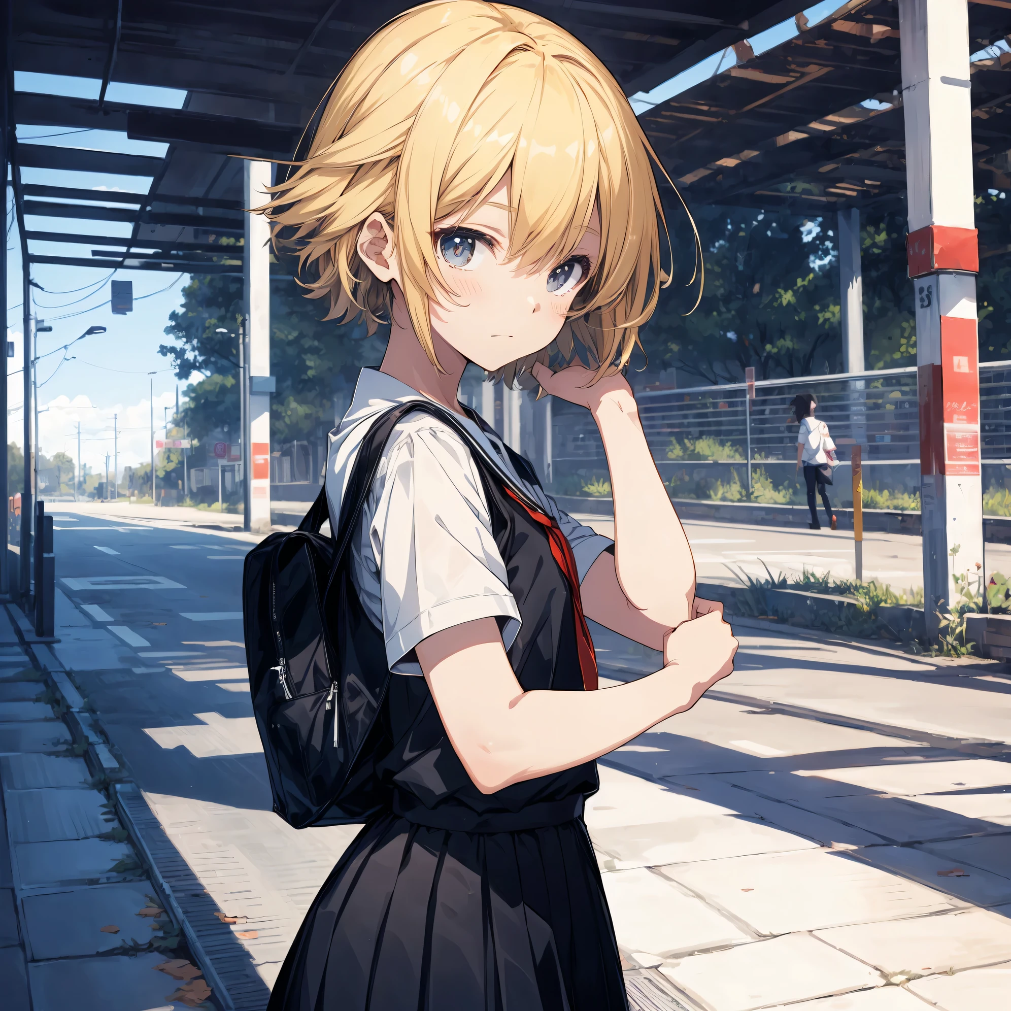 Super high quality by the art god, super detailed, High resolution, Shinkai Makoto style, anime moe art style, best anime 8K konachan wallpaper, pixiv contest winner, perfect anatomy, break,(眠そうにalone学校へ行く女の子を描いてください. ),break, surreal high school girl, (alone,lolita, , 13 years old:1.3),All limbs, full finger,, androgynous charm, (very short hair), messy hair, flat chest, , small ass, between legs, Small black eyes,hanme,beautiful and fine eyes, Well-proportioned iris and pupils, sleepy eyes, High resolutionの詳細な髪, wearing school uniform, (skirt), On the way to school. break,super dense skin, Best lighting by famous artists, 8K, figure,