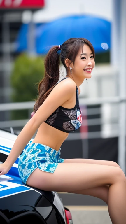 Photo of a Beautiful Korean kpop idol Woman, Summer, Ice cream, Street food, Lustful, (Micro bikini:1.4), cleverage, she is wet, colorful water gun