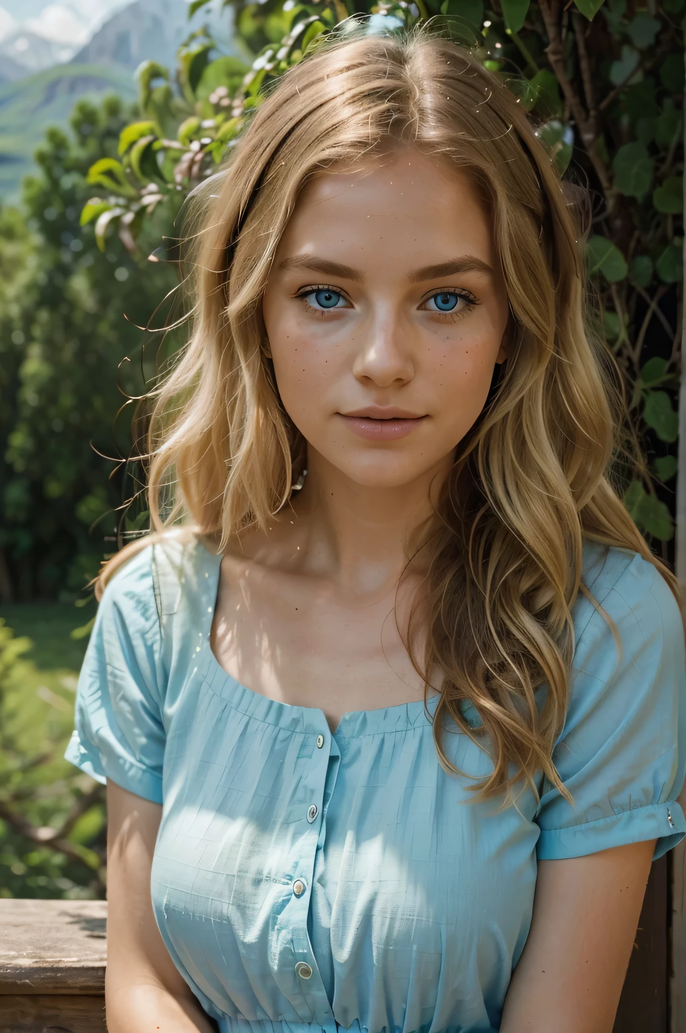 En un entorno soleado y natural., Una foto casual de cuerpo completo captura a la encantadora joven con su cabello rubio ondulado.. Sus ojos azules celestiales, now adornado con delicadas pecas on her face, irradia curiosidad y confianza, complementado con una amistosa seriedad. She is dressed smartly and casually., with a backdrop of trees and plantations, creating a serene and vibrant atmosphere.
Ahora, Imagine the same woman in a new photograph., esta vez capturado en cuerpo completo, against the backdrop of majestic mountains. Su cabello rubio ondulado y sus ojos azul celeste., adornado con delicadas pecas, mantener su encanto, while his expression continues to exude sympathy and serenity. Vestida elegante y relajada., the setting now includes the impressive presence of towering mountains, adding a sense of grandeur and vitality to the overall atmosphere.