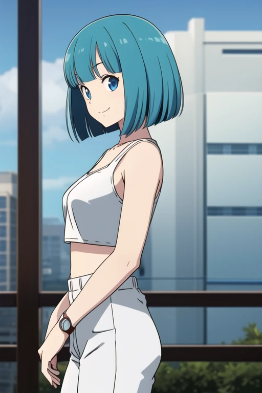 cell saga, short hair, aqua hair, bob cut, bangs, blue eyes, 1girl, solo, bare shoulders, red crop top, white pants, wristwatch, cowboy shot, from side, looking at viewer, light smile,
