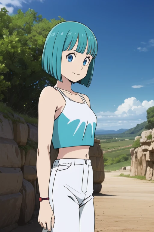 cell saga, short hair, aqua hair, bob cut, bangs, blue eyes, 1girl, solo, bare shoulders, red crop top, white pants, wristwatch, cowboy shot, from side, looking at viewer, light smile,
