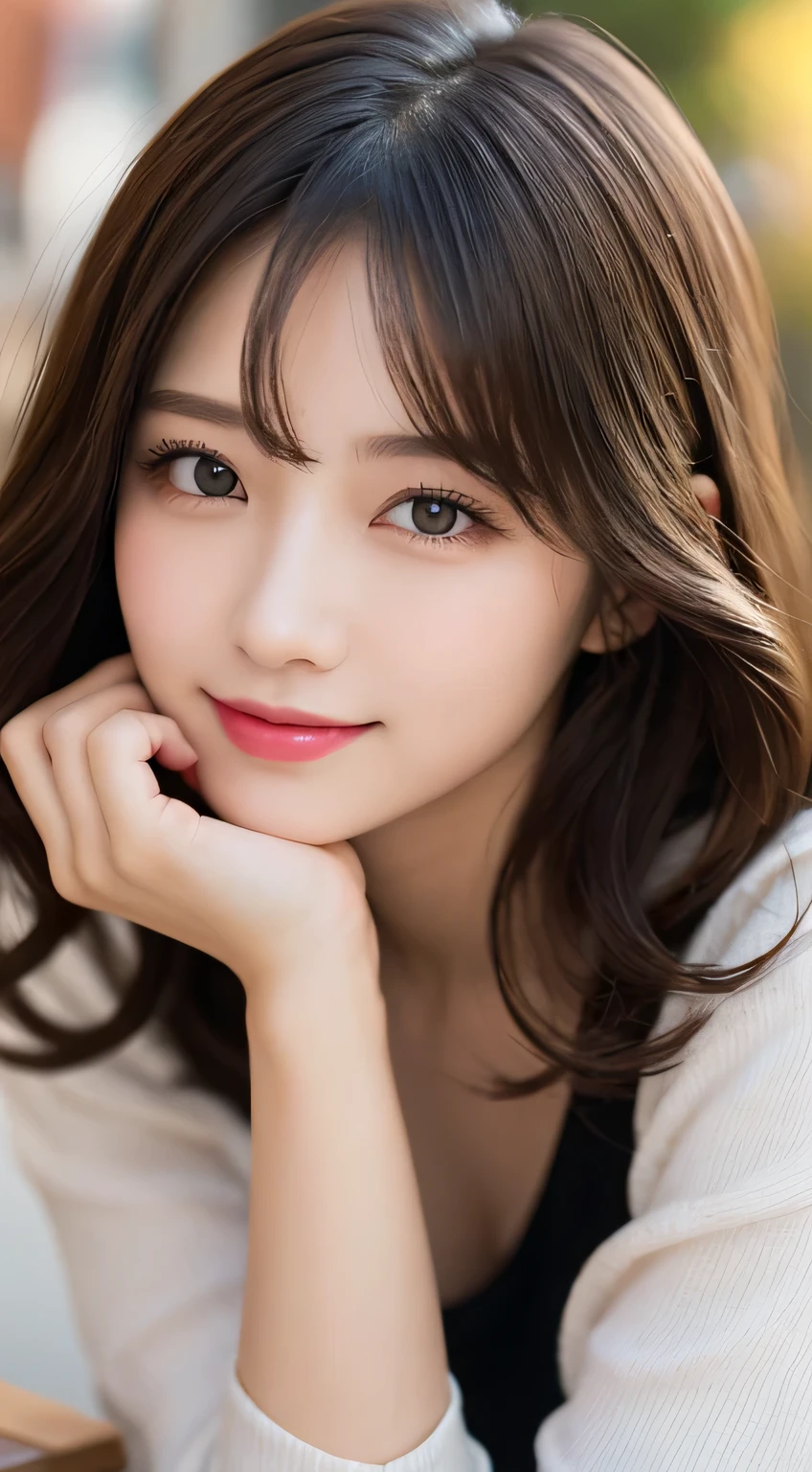 table top, highest quality, shape, Super detailed, finely, High resolution, 8k wallpaper, 完璧なダイナミックな構shape, beautiful and detailed eyes, autumn ladies fashion,wavy hair,、natural color lip, bold sexy pose,smile,Harajuku、20 year old girl、cute、sexy shot looking at camera