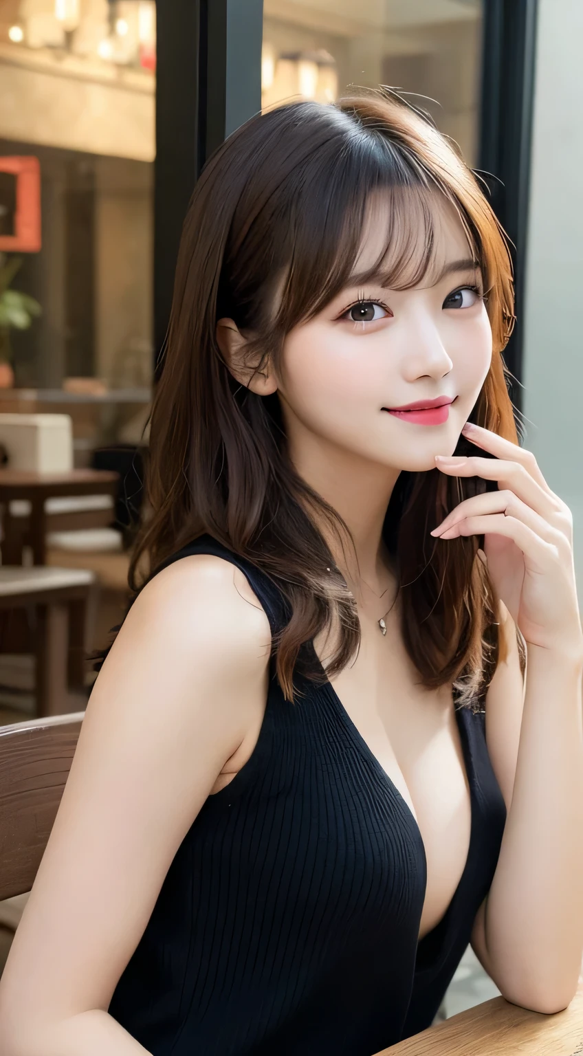 table top, highest quality, shape, Super detailed, finely, High resolution, 8k wallpaper, 完璧なダイナミックな構shape, beautiful and detailed eyes, autumn ladies fashion,wavy hair,、natural color lip, bold sexy pose,smile,Harajuku、20 year old girl、cute、sexy shot looking at camera