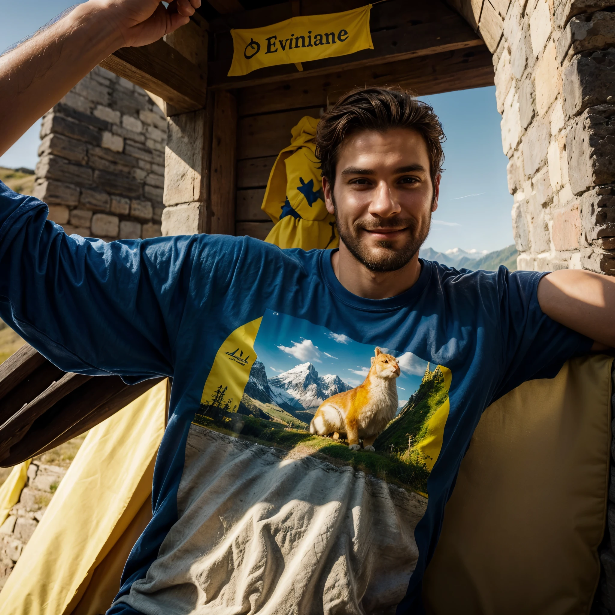 Portait d'un homme devant une montagne enneigée, avec des cheveux courts de 5 cm de longueur et châtain. Il porte un t-shirt jaune pâle et regarde la caméras en souriant. Le ciel est ensoleillée 